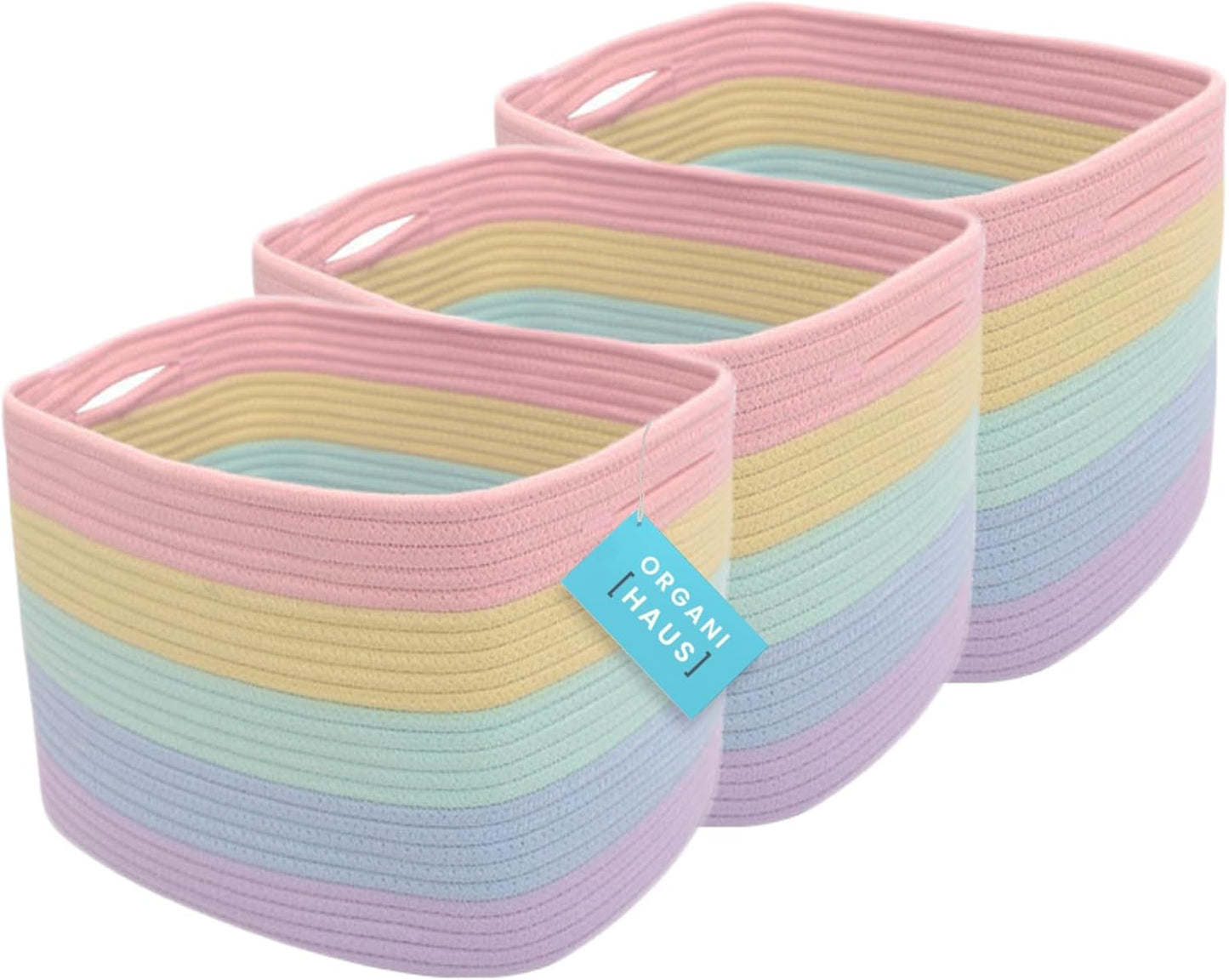 OrganiHaus Soft Woven Baskets for Storage Organization Set of 3, Cotton Rope Nursery Storage Baskets for Shelves, Square Book Bins, Bathroom Towel Hamper, Dog Toy Bins, Panier Rangement - Light Honey