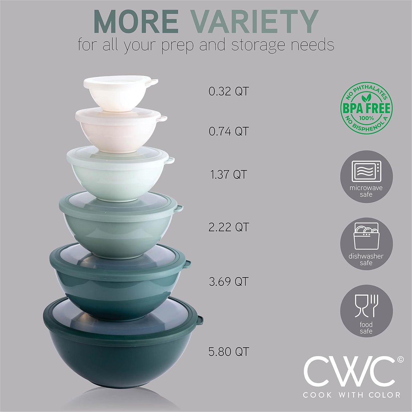 COOK WITH COLOR Mixing Bowls with TPR Lids - 12 Piece Plastic Nesting Bowls Set Includes 6 Prep Bowls and 6 Lids, Microwave Safe Mixing Bowl Set (Green)