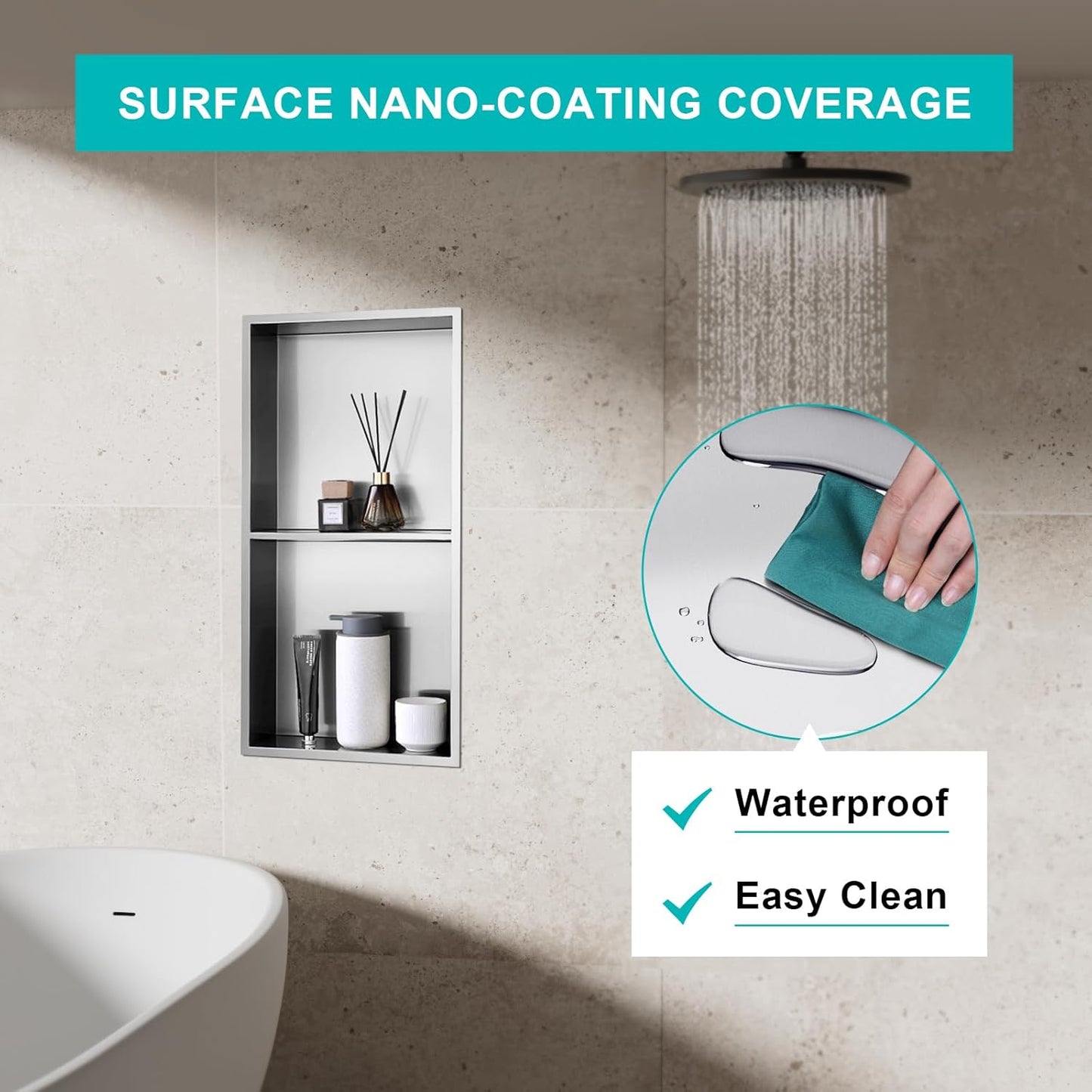 MENATT No Tile Shower Niche, Stainless Steel Wall Niche 13"X19"(Inner Size 12"X18"), Two-Tier Bathroom Shelf, NO Tile Needed Recessed Niche Shower for Bathroom Storage, Black