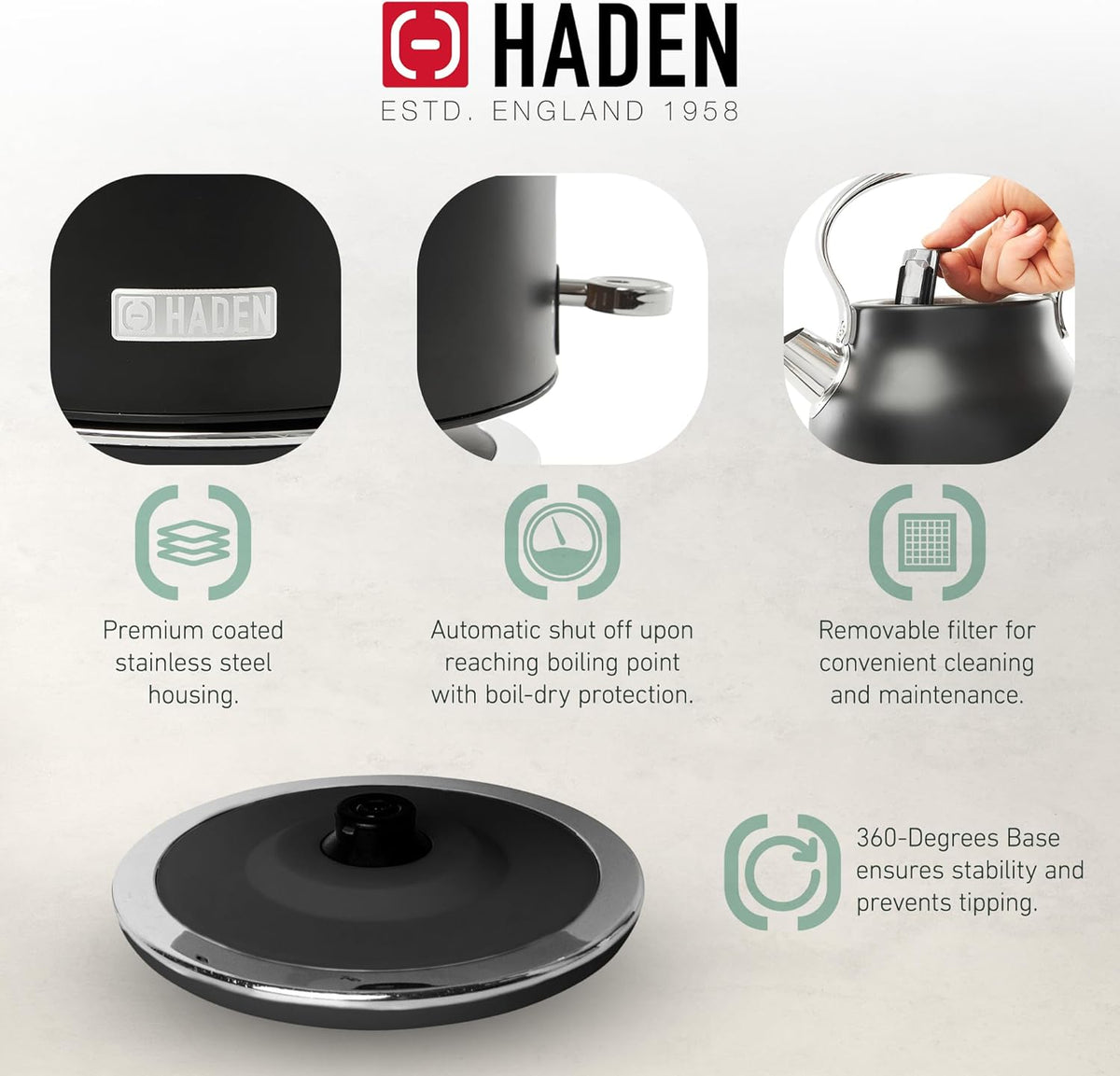 Haden 75041 Heritage 1.7 Liter (7 Cup) Stainless Steel Electric Kettle with Auto Shut-Off and Boil Dry Protection, Black/Copper - PuriLite