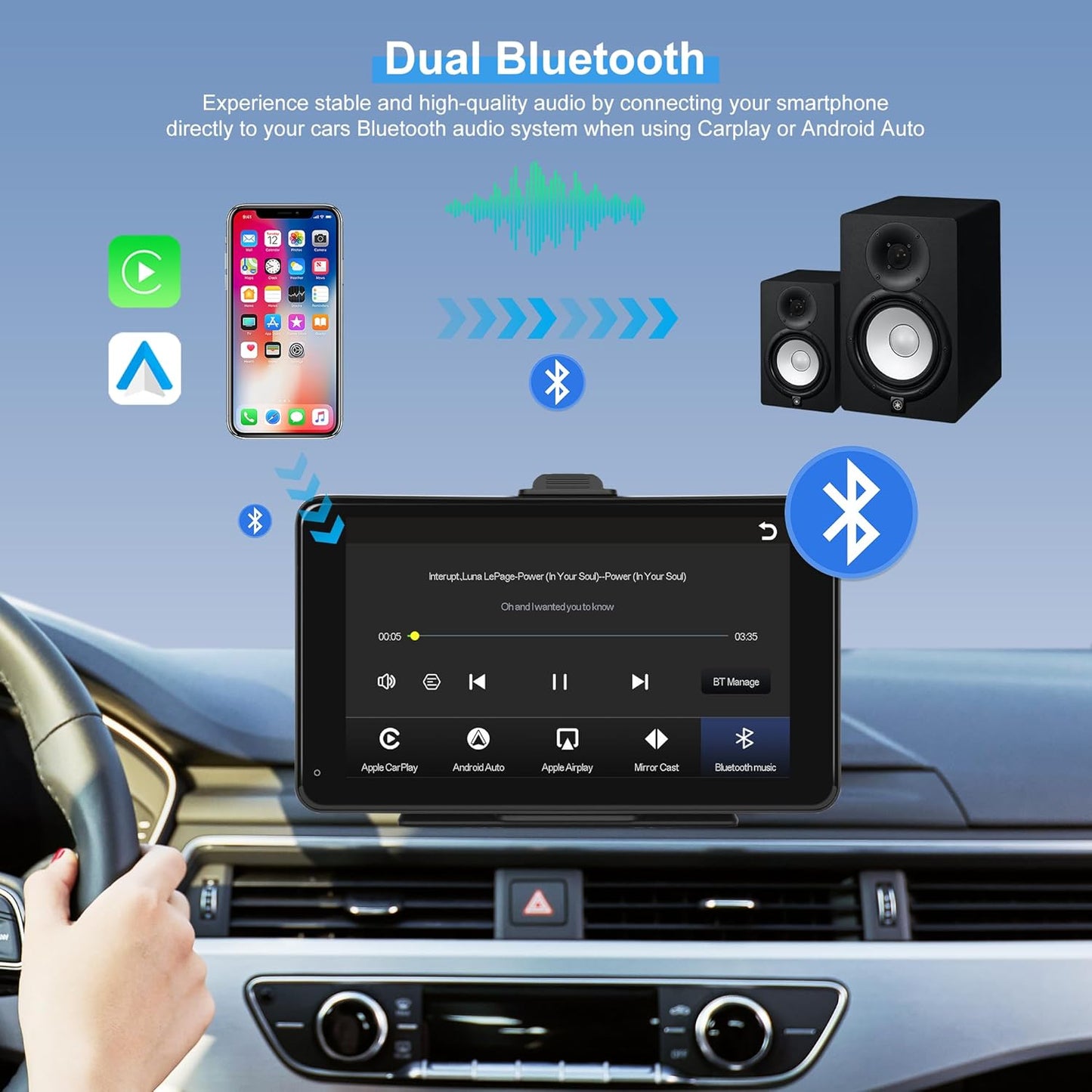 Portable Carplay Screen for Car with Wireless Carplay Android Auto Car Radio, Rimoody 7'' HD Touch Screen Head Unit with Mirror Link, GPS Navigation, Dual Bluetooth, AUX/FM Transmitter, Voice Control