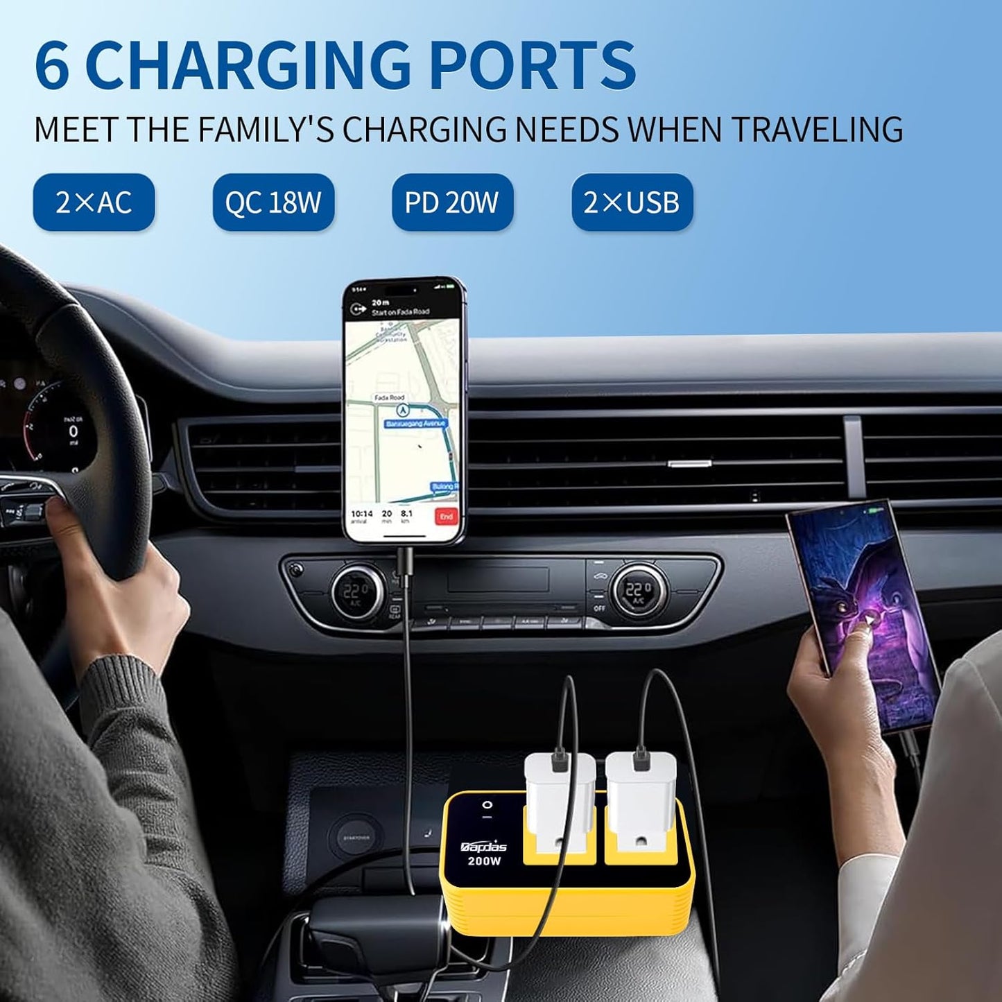 Bapdas 200W Car Power Inverter, DC 12V to 110V Car Charɡer Adapter with 20W USB-C/QC(18W)/4.8A Dual USB/Dual AC Outlet, Car Outlet Adapter Plug for Laptop