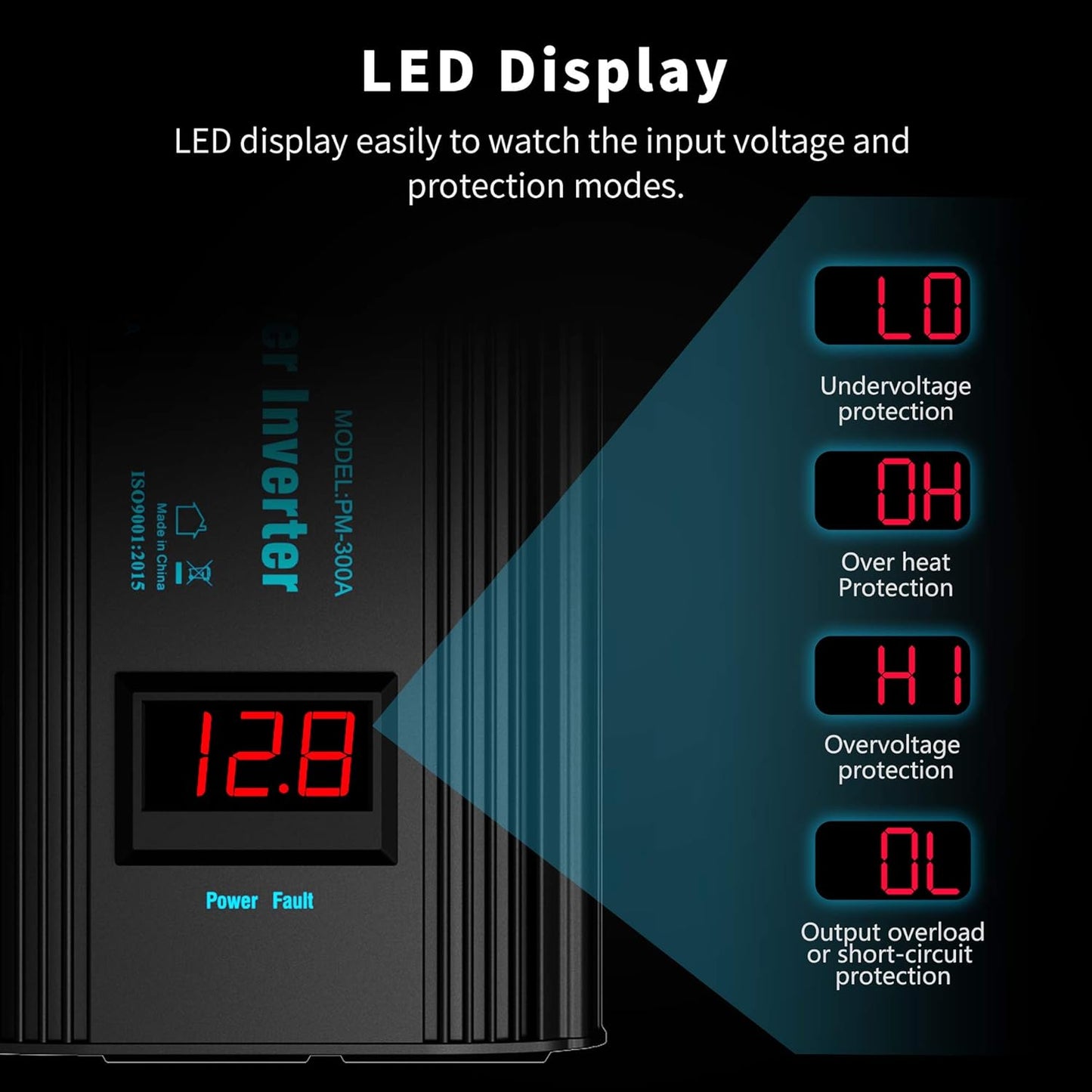 300W Power Inverter DC 12V to AC 120V Car Power Converter Adapter with 2x2.4A USB Ports and LED Display Dual AC Outlets【3YRS Warranty】 Black
