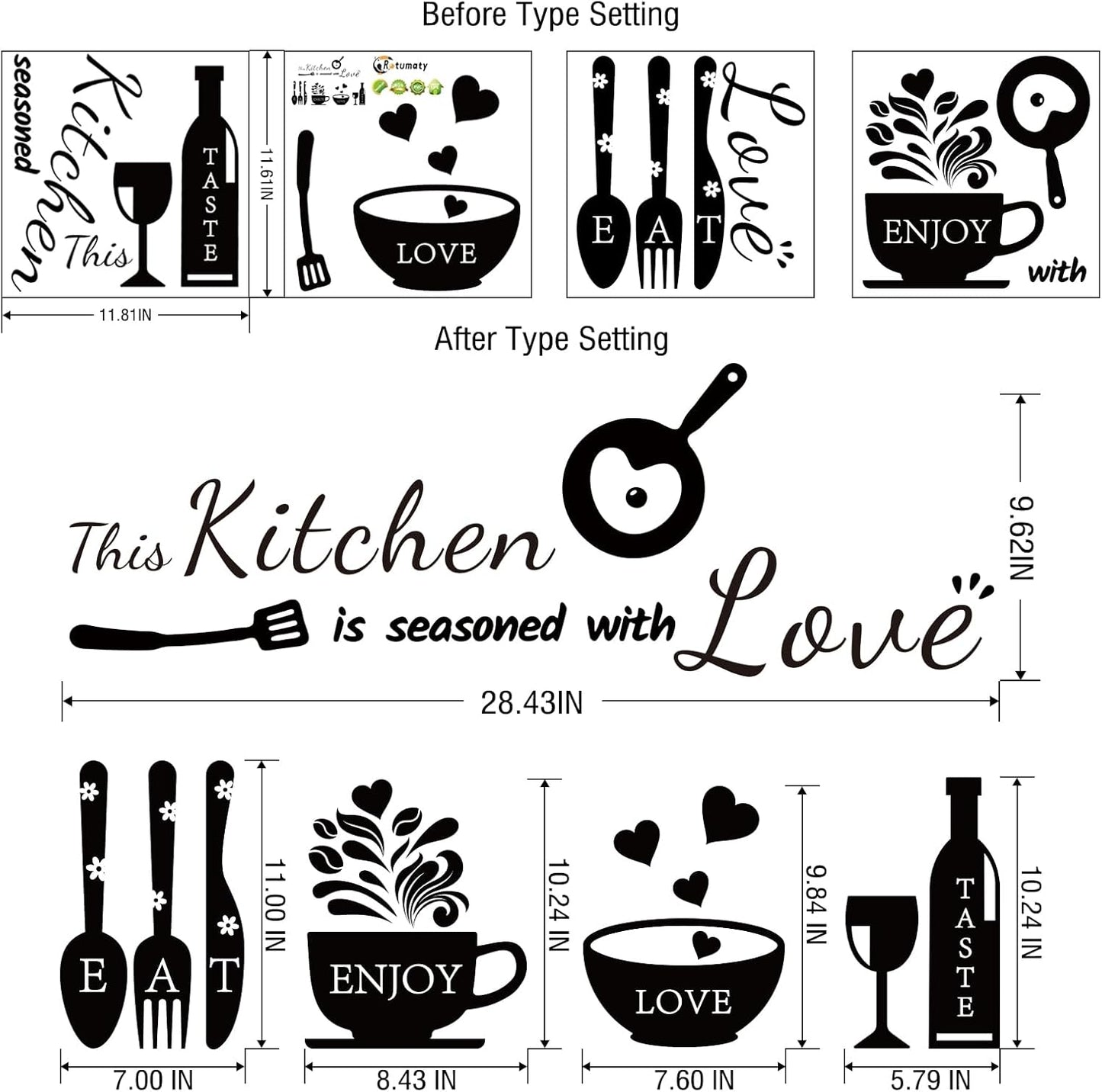 Rotumaty Kitchen Quote Wall Stickers Kitchen Seasoned with Love Wall Decals Wall Art Kitchen Utensil Decorations Wall Decor for Dining Room Home Office School Coffee Shop