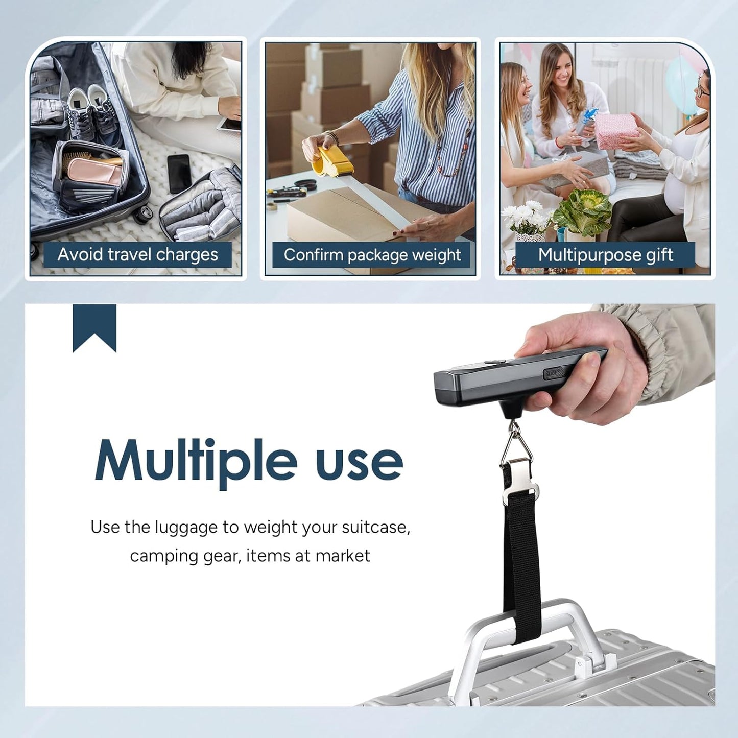 travel inspira Luggage Scale Battery-Free, Travel Essentials, Portable Handheld Digital Suitcase Weight Scale for for Travel Accessories, 110lbs/50kg (Dark Blue)