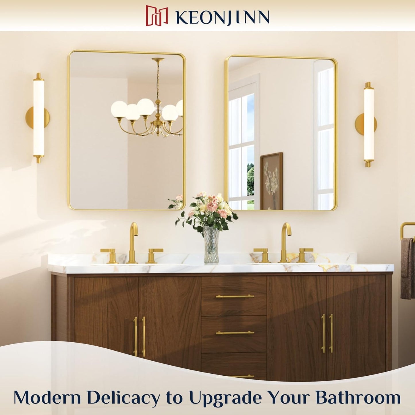 Keonjinn 42 x 36 Brushed Nickel Bathroom Vanity Mirror, Large Rounded Rectangle Bathroom Mirrors for over Sink, Metal Framed Silver Mirror for Wall, Shatterproof HD Tempered Glass(Horizontal/Vertical)