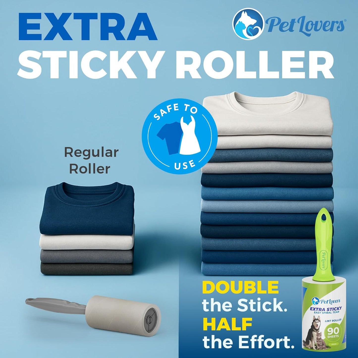 PetLovers Extra Sticky Lint Roller Mega Value Set for Pet Hair Removal, Dog and Cat Lint Remover (1 Pack Reusable)