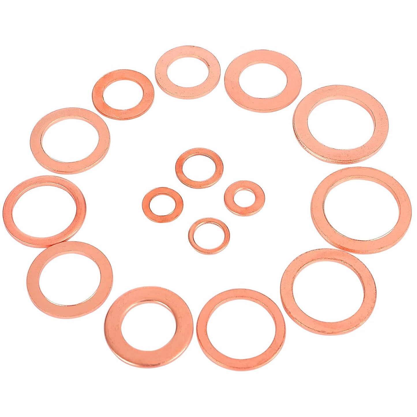 Toolwiz 150PCS 15 Sizes Copper Washers Metric Sealing Assortment Set Flat Ring Sump Plug Crush Washer Oil Drain Plug Gasket Seal Assortment Set M5/6/7/8/10/10.5/11/12/12.5/14/15/16/16.5/17.5