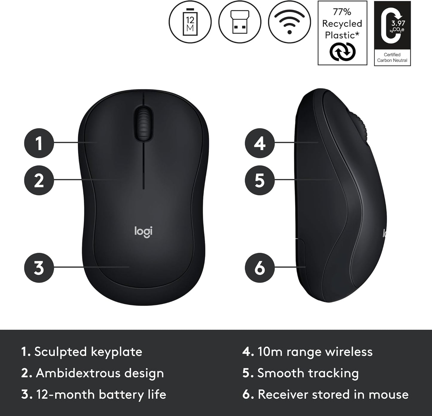 Logitech M185 Wireless Mouse, 2.4GHz with USB Mini Receiver, 12-Month Battery Life, 1000 DPI Optical Tracking, Ambidextrous, Compatible with PC, Mac, Laptop - Black