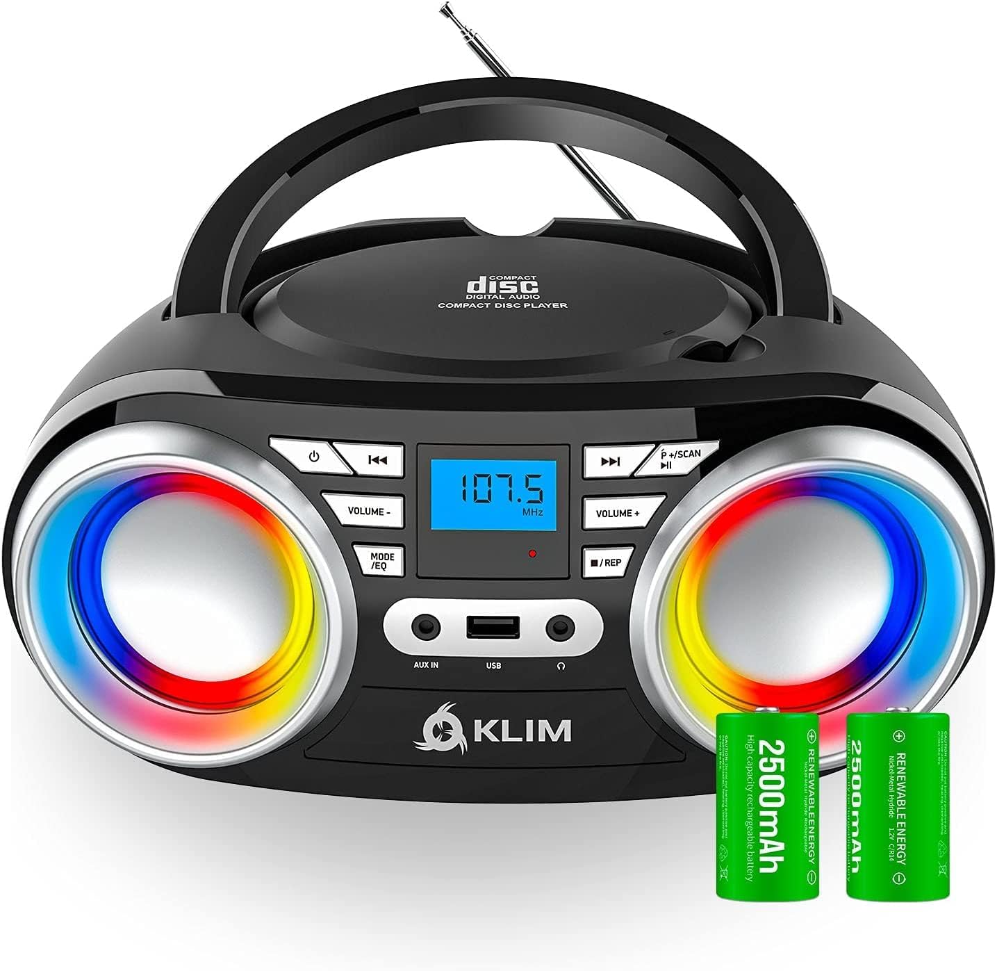 KLIM B3 Portable CD Player Boombox with FM Radio, Bluetooth, USB, AUX, and FM Radio Dual Speakers, EQ Sound Effects, 20 Preset Stations, Compact and Lightweight - Black No RGB