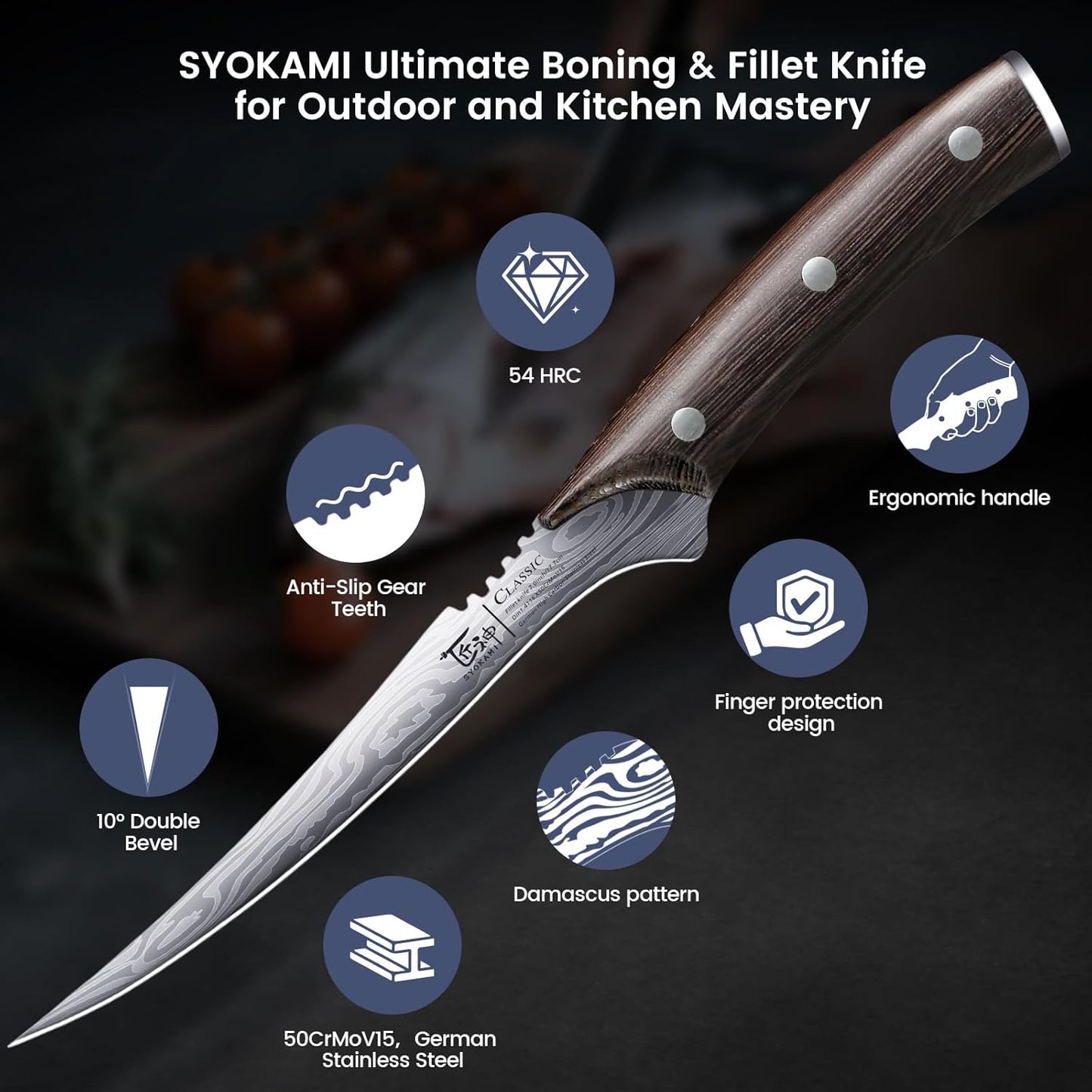 SYOKAMI Fillet Knife, Razor Sharp 7.2 Inch Boning Knife, High Carbon Stainless Steel Filet Knives with High Flexibility, Wooden Handle, Full Tang Damascus Pattern Fish Knives, Ideal for Gifting