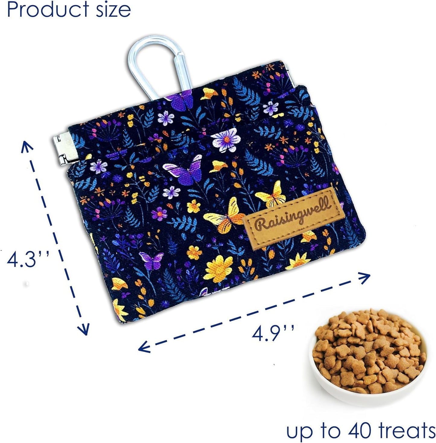 Raisingwell Dog Treat Pouch, Black Pocket Sized Pet Training Pouch, Cotton Fabric, Hand Free Dog Walking Bag with Carabiner, Self-Closing Pet Feed Snack Reward, for Pet Puppy Travel or Outdoor Use
