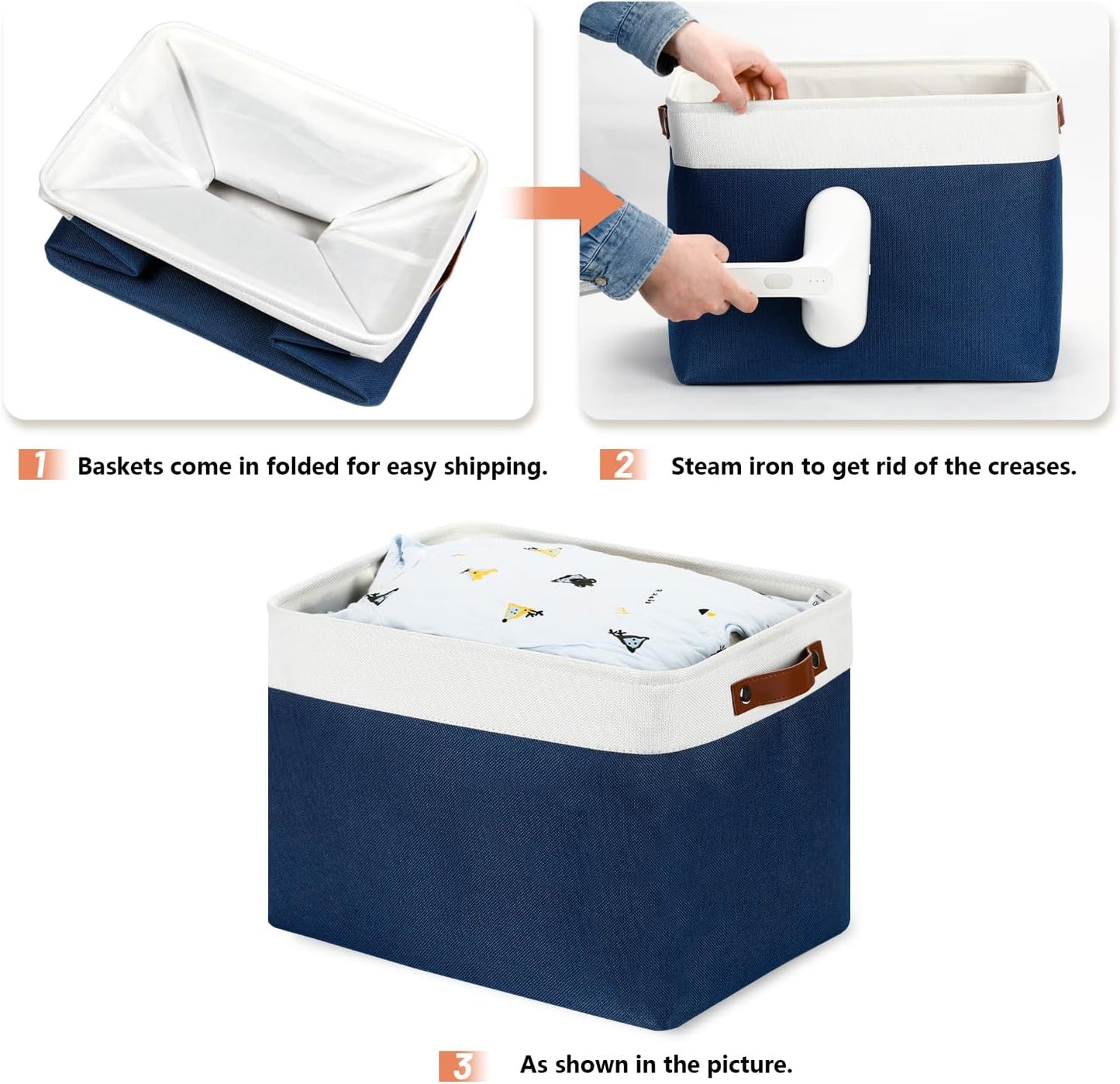 DULLEMELO Storage Baskets for Shelves, Fabric Collapsible Rectangular Storage Bins for Shelves, Closets, Nursery, Home, Office, Empty Gift Baskets (White&Teal)