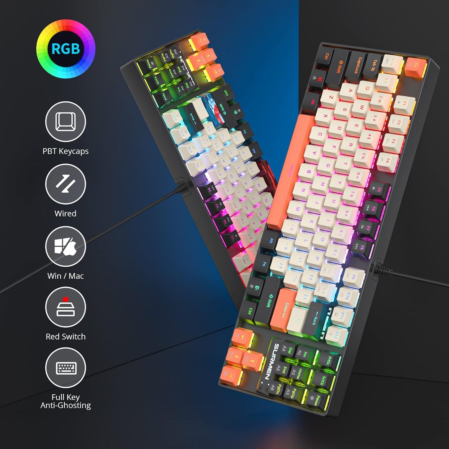 Fogruaden Full Size Mechanical Keyboard, Green Matcha Keyboard, Wired USB 104 Keys RGB Backlit Gaming Keyboard with Number Pad, Red Switches, NKRO Mechanical Keyboard for Windows Laptop PC Gamer