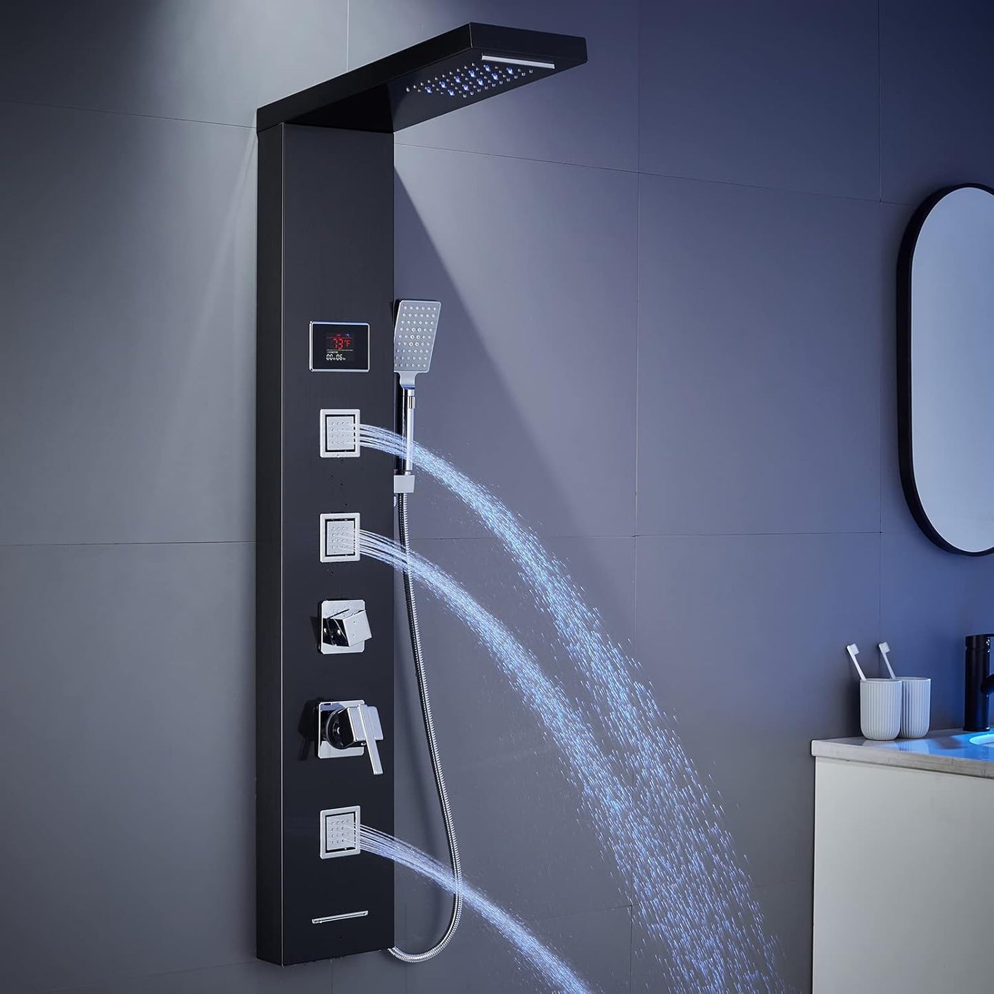 LED Shower Panel Tower System Black, MENATT 304 Stainless Steel 5-Function Shower Panel Rainfall Waterfall Shower Rain Massage System with Body Jets