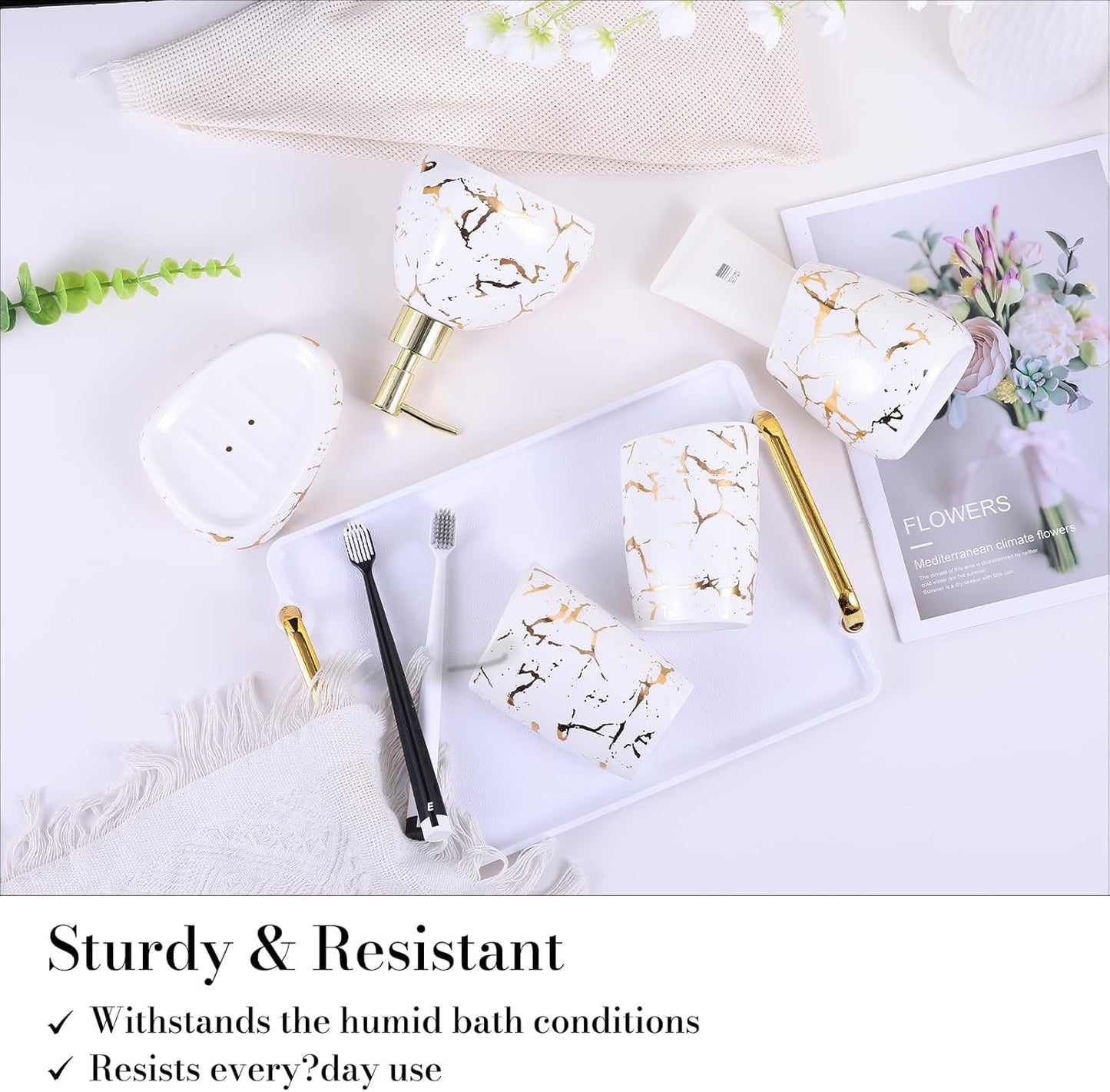 White Bathroom Accessories Set,Modern Countertop Bathroom Decor,Luxury 6 Piece Bathroom Accessory Set,Complete with Soap Dispenser,Toothbrush Holder,Tumbler,Tray