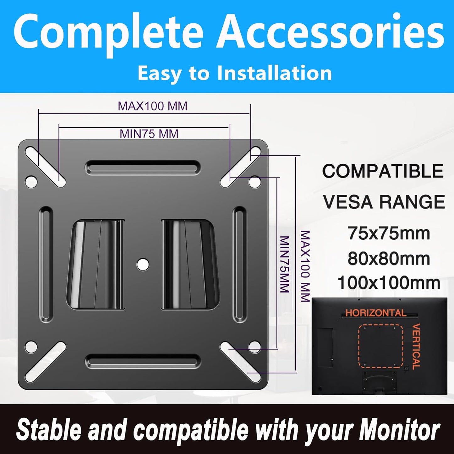 TETVIK Monitor Wall Mount Most 14-24“ TVs Computer Universal Low Profile RV TV Wall Mount VESA Up to 100x100mm Max Weight 30lbs Fits 15 19 20 22 23 Inch Camper Small Monitor Mount Bracket