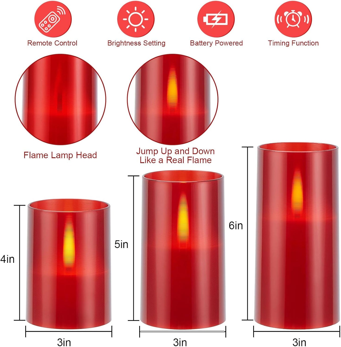 IMAGE Realistic Flickering Flameless LED Candles with Jumping Warm Yellow Flames, Upgraded Set Battery-Operated with Remote Timers, 3 Size Acrylic Candles (D 3" x H 4" 5" 6") (Red)