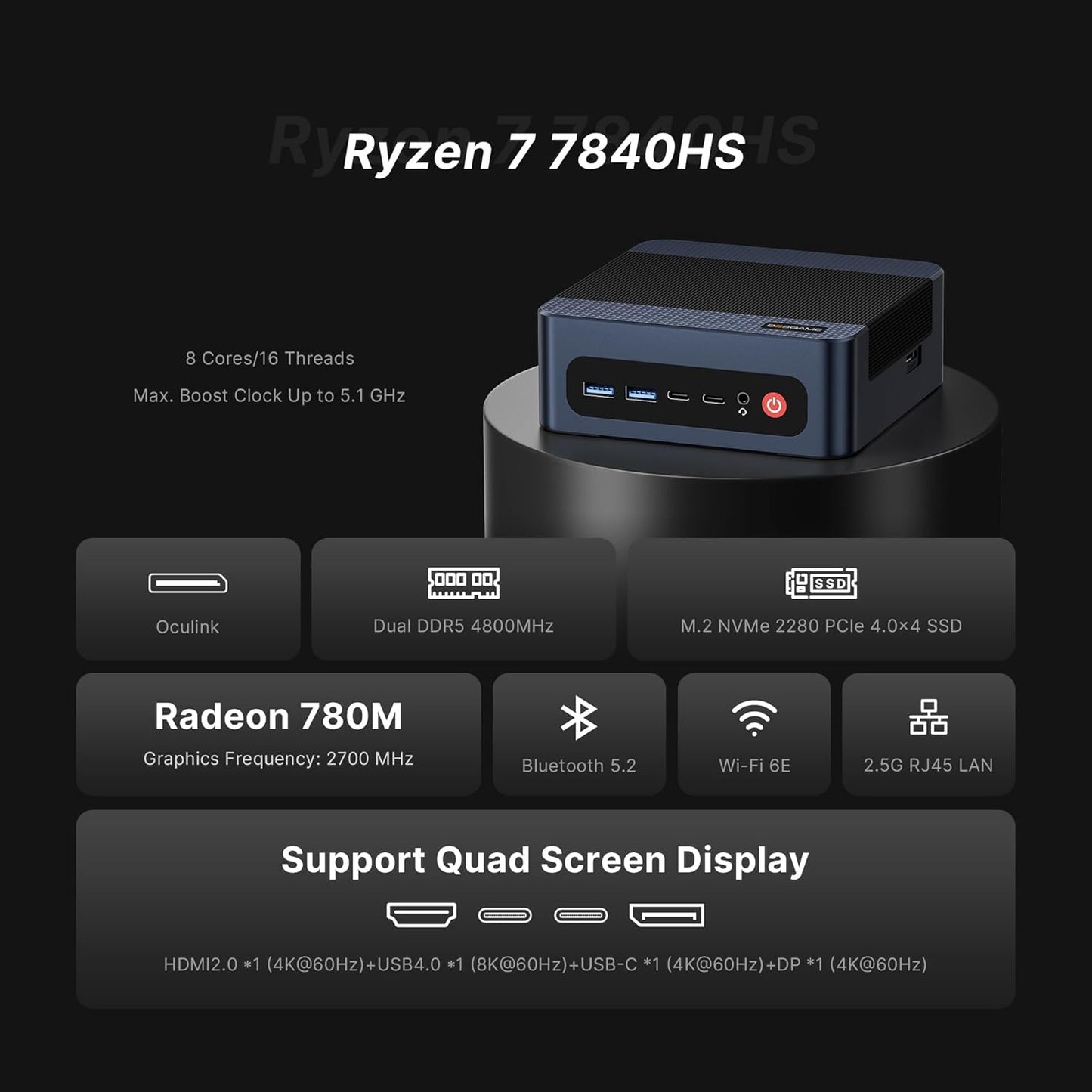BOSGAME P4 Plus Mini PC Desktop Computers, AMD Ryzen 7 5825U (up to 4.5GHz), 32GB DDR4, 1TB PCIe SSD, Dual LAN 2.5G & Wi-Fi 6E & BT5.2, 4K Triple Display, Compact Silent PC for Gaming, Office, Design