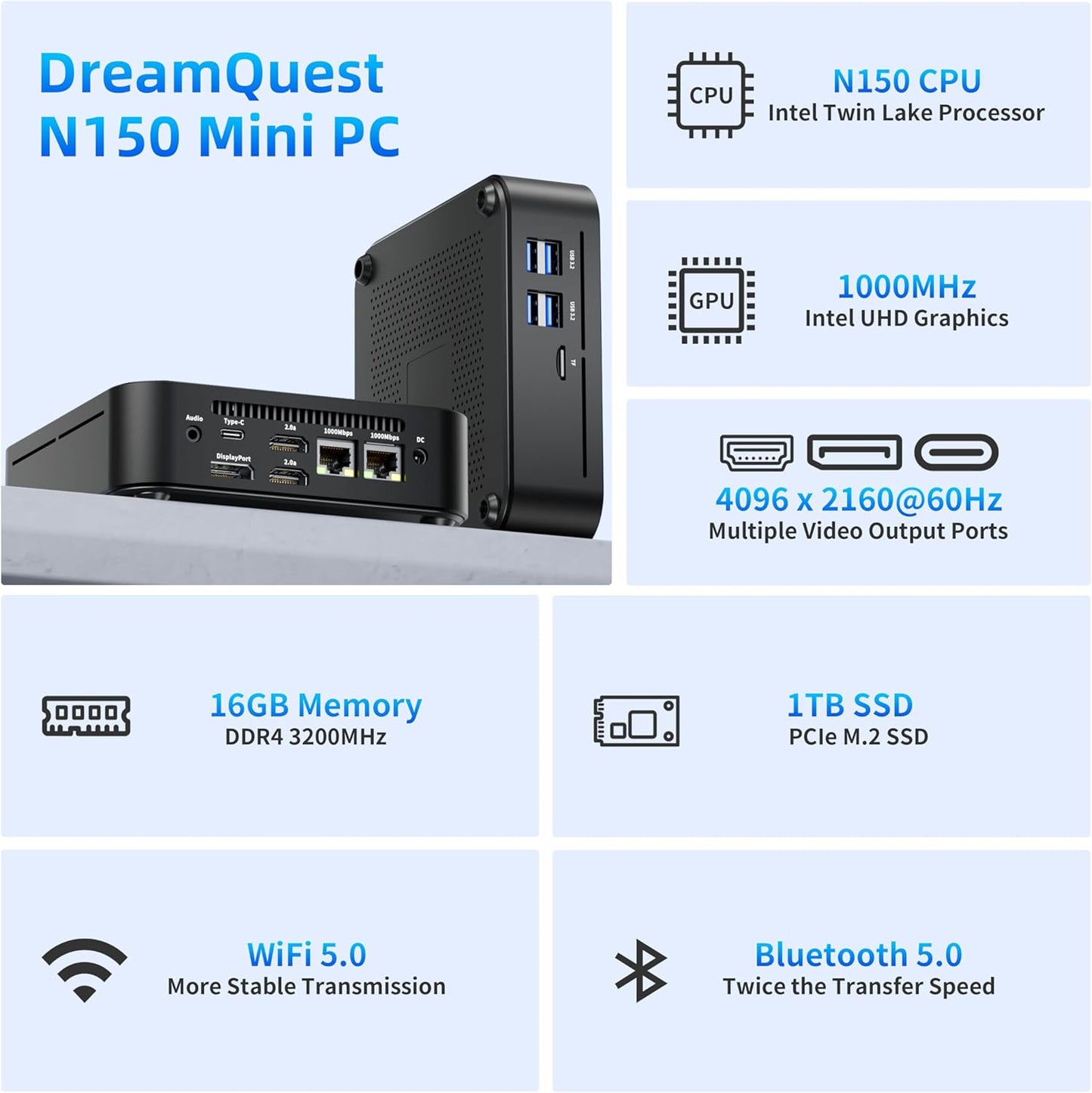 DreamQuest Mini PC Preinstalled Windows 11 Pro,Intel Alder Lake 2025 New N150 (up to 3.6GHz) 16GB DDR4+1TB M.2 SSD,Mini Desktop Computer 4K HD HDMI/WiFi5/BT5.0/USB3.2/Gigabit Port for Home Office