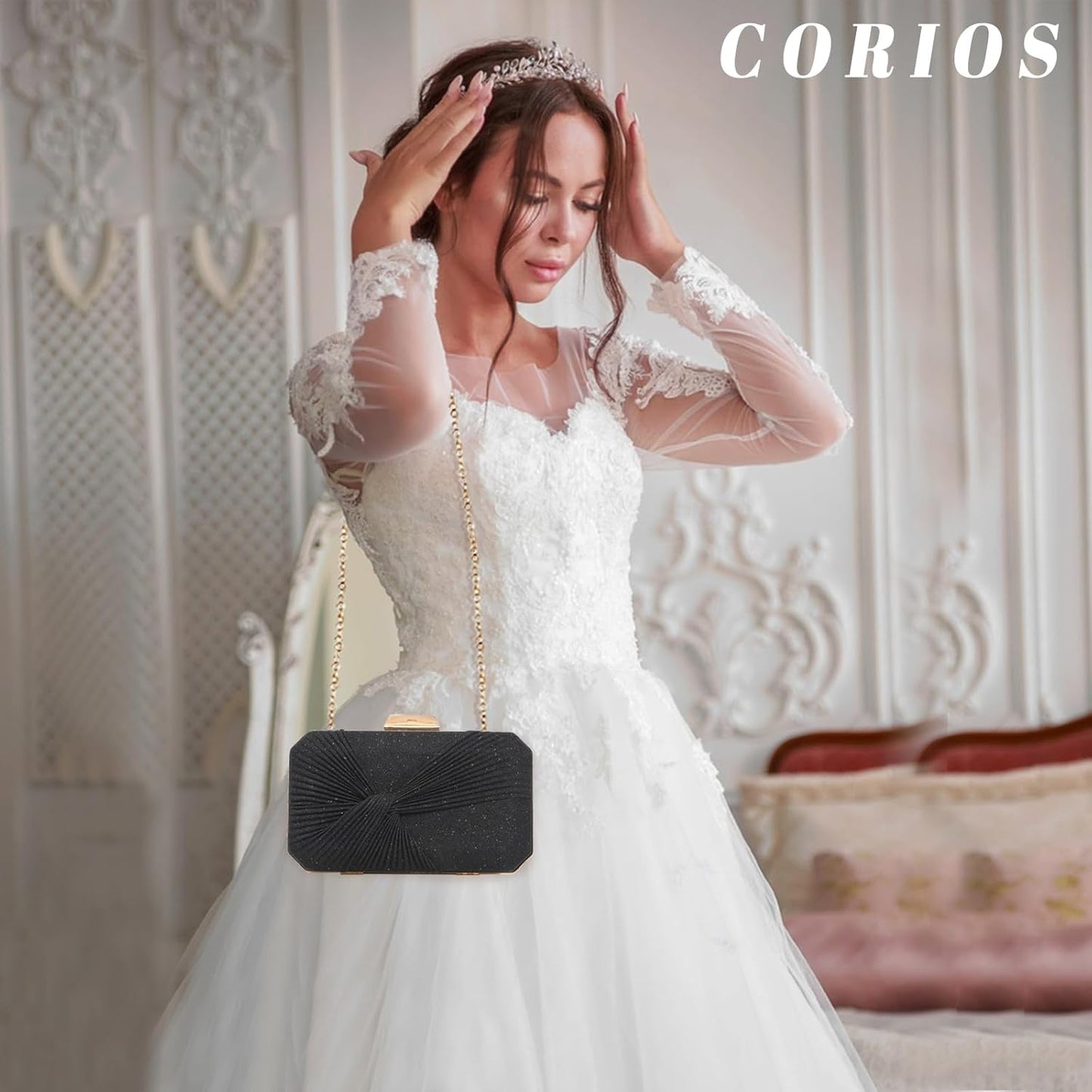 CORIOS Pleated Evening Bag Sparkly Sequin Clutch Bag for Women Sparkly Handbag Bridal Wedding Purse Elegant Crossbody Bag