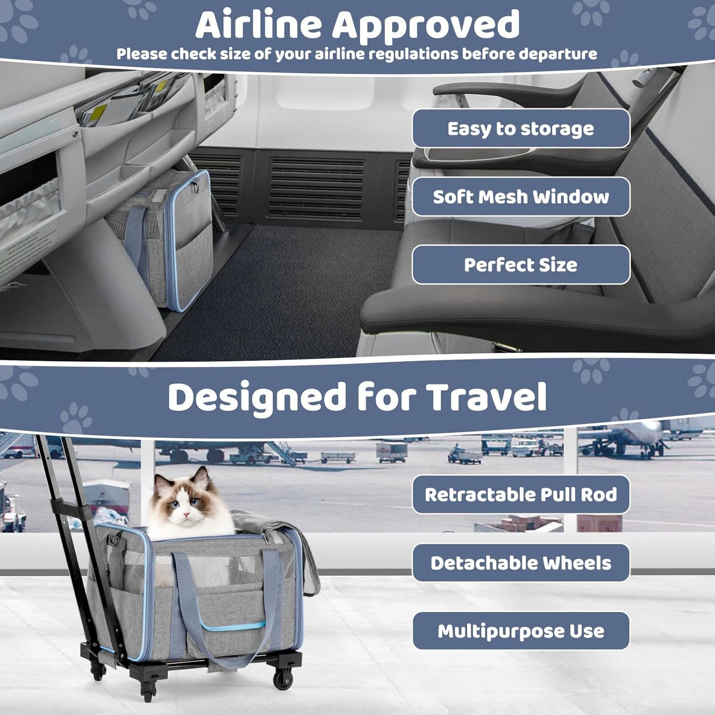 UNICITII Pets Carrier for Small Cat, Dog Medium Cats Puppies up to 20 Lbs, Airline Approved Carrier Soft Sided, Collapsible Travel Puppy Carrier (Grey-with Wheels)