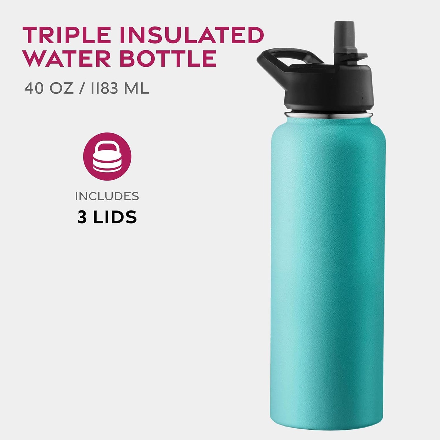 FineDine Water Bottle - Stainless Steel Insulated Water Bottle with Straw Lid, Flip Lid & Wide-Mouth Cap - Keeps Hot and Cold - 25 Oz / 739ml - Pure Pearly White