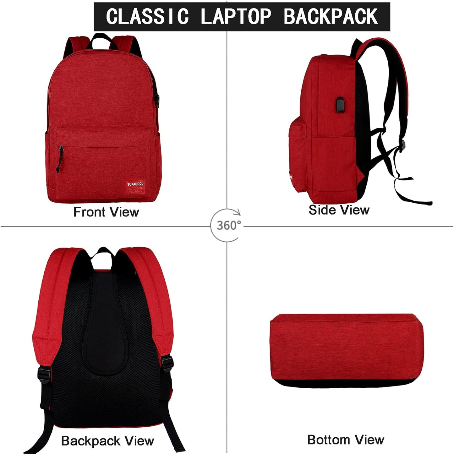 SUPACOOL Casual Laptop Backpack with USB Charging Port for Men and Women, School Bookbag for College, Lightweight Pack Back(Dark Black)