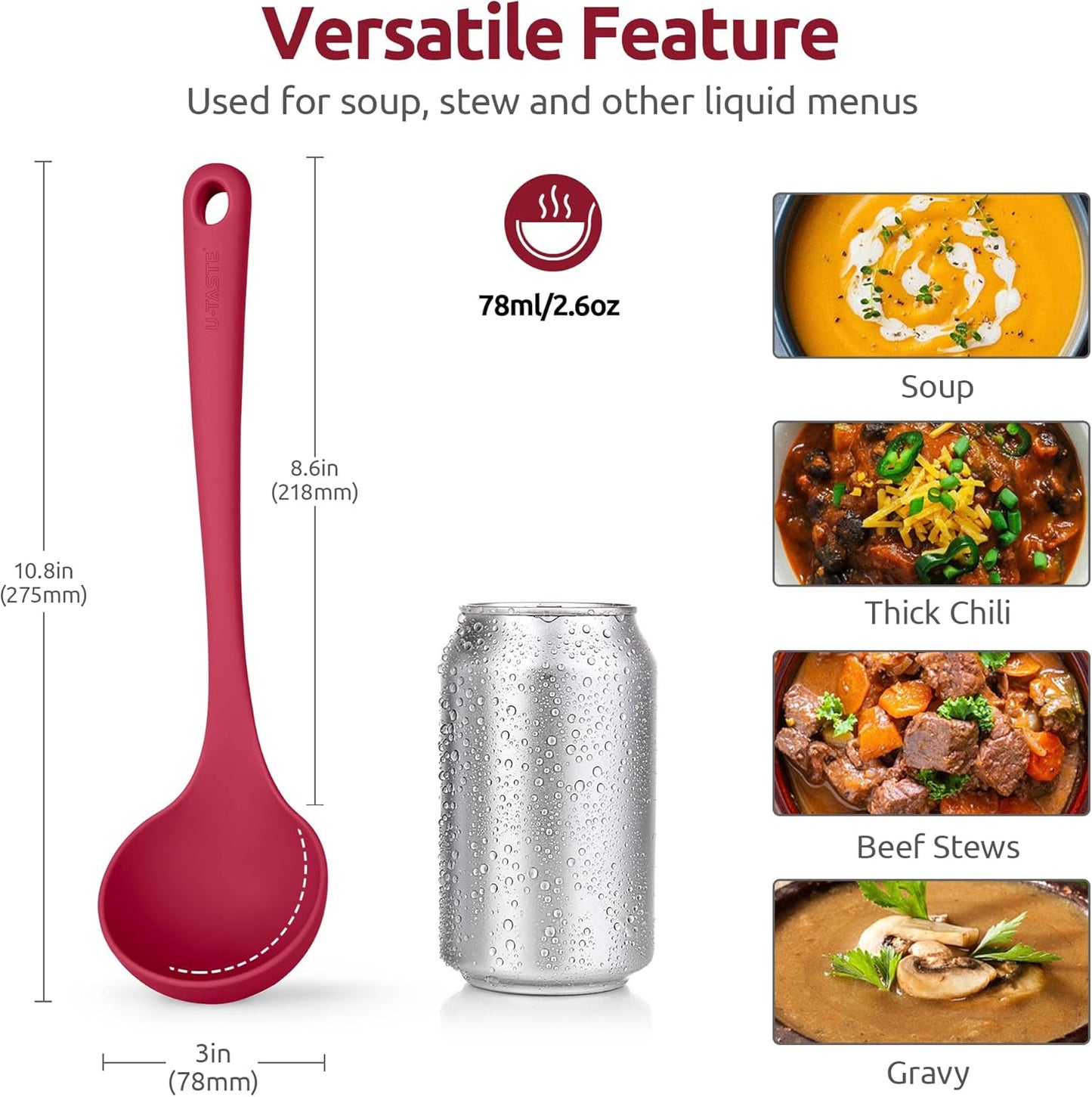 13 inch Silicone Soup Ladle: U-Taste 600ºF Heat Resistant 4 oz Large Non-Stick Seamless Rubber Kitchen Deep Serving Spoon with Non-Slip Solid Long Handle for Cooking Sauce/Stews/Gravies/Chili(Purple)