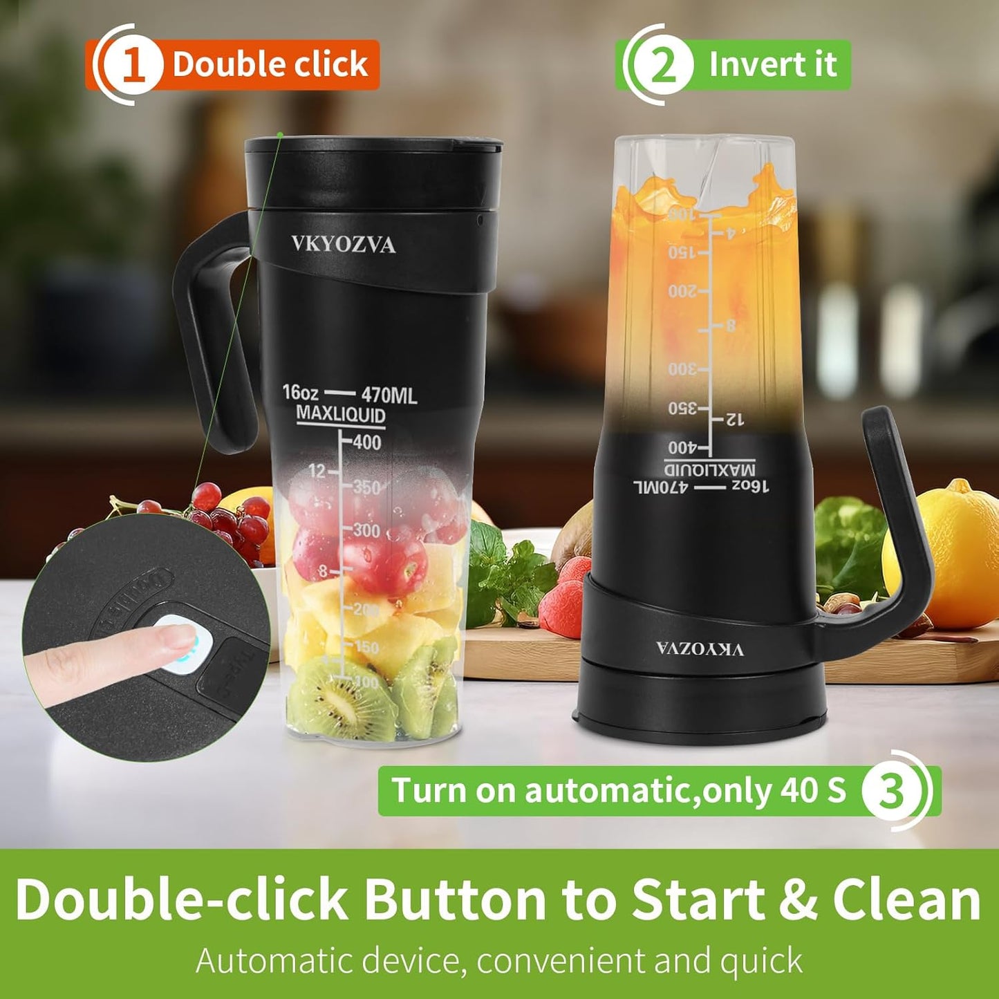 VKYOZVA Portable Blender, 20 Oz Travel Blender USB-C Rechargeable with 6 -leaf Stainless Steel Blades, BPA Frees, Personal Blender for Shakes and Smoothies,Suitable for Family Travel Gyms, Black