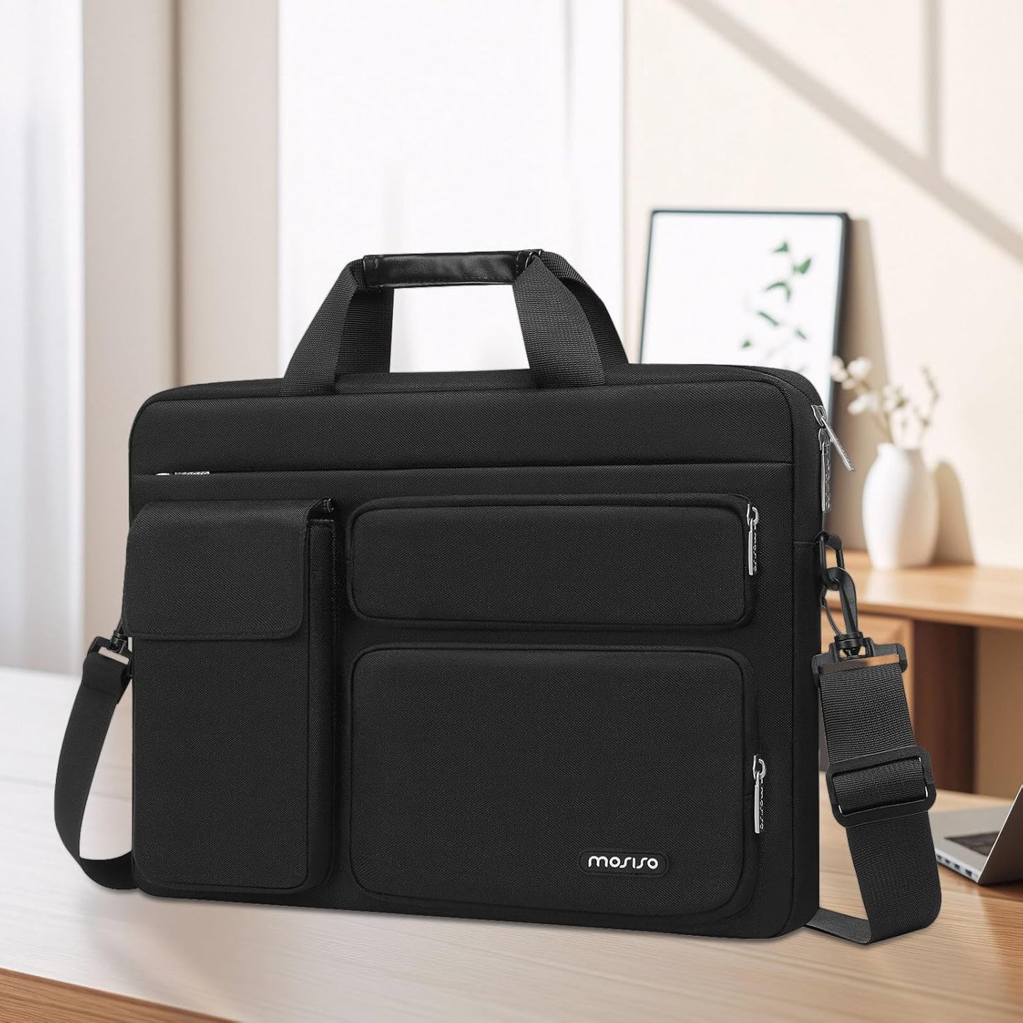 MOSISO Laptop Bag 13.3 inch, 13-13.3 inch Computer Shoulder Bag Compatible with MacBook Air/Pro 13/Pro 14, HP Dell ASUS Notebook &2 Raised&1 Flapover&1 Horizontal Pocket&Handle&Belt, Black