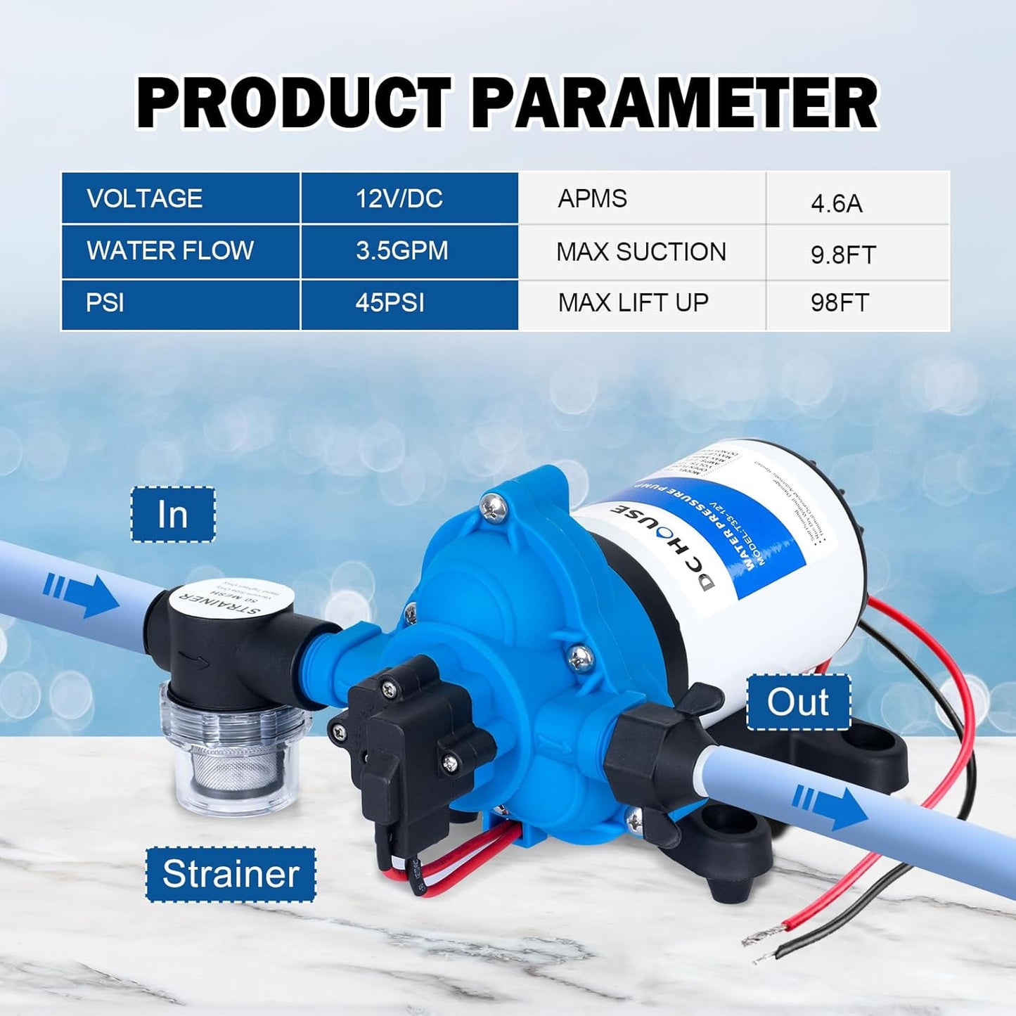 DC HOUSE 12V RV Fresh Water Pump 3.0GPM 45 PSI 12Volt DC Water Pressure Diaphragm Pump On Demand for Camper Trailer Off-Grid Cottage Yacht House