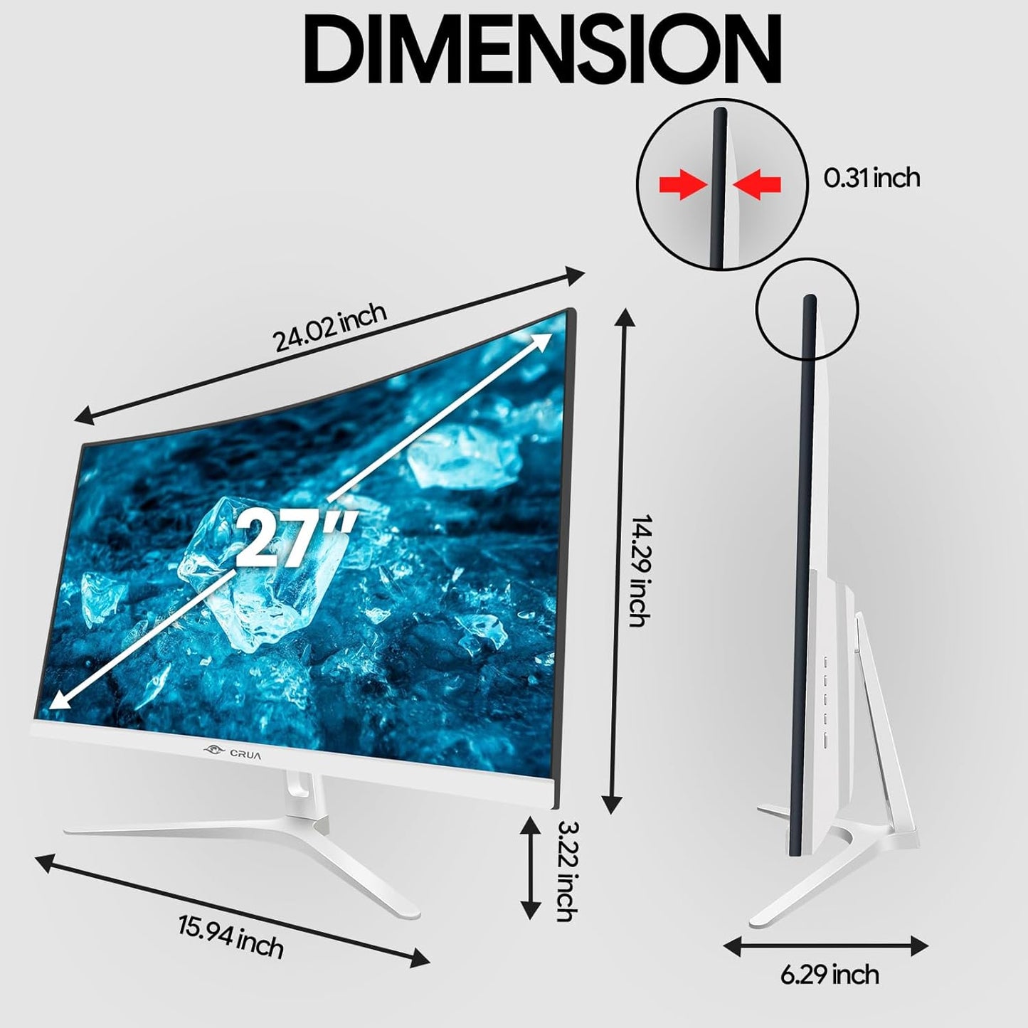 CRUA 34 Inch Curved Gaming Monitor 144HZ, White 21:9 Ultra Wide PC Monitor 1500R WQHD 3440X1440P 120% sRGB Computer Display/VA Panel/PIP& PBP/HDMI2.0 & DP1.4/Tilt Adjustment/Wall Mountable