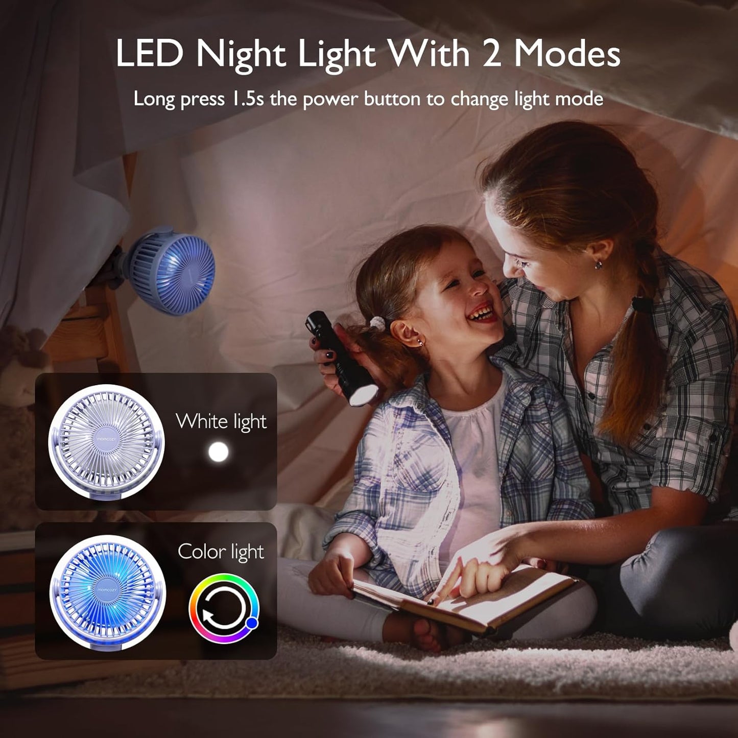 Momcozy Portable Stroller Fan, 27H Ultra-long Battery Life, Detachable 4 Speed 360°Rotate, LED Night Light with 2 Modes, USB Rechargeable and Handheld Cooling Fan for Travel, Car Seat