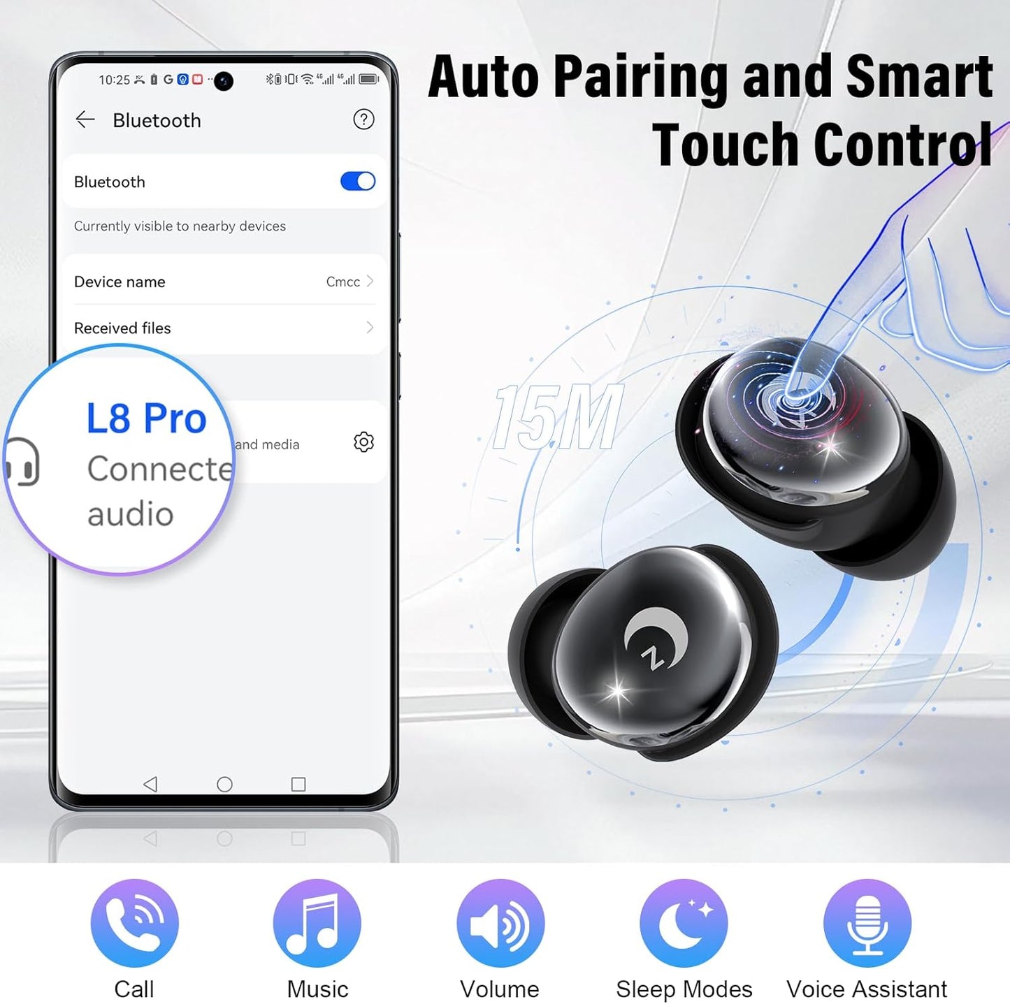 VEKJ Sleep Earbuds, Bluetooth 5.4 Mini Wireless Ear Euds with Multifunctional Touch Screen, 48H Bass Stereo Headphones with Sleep Mode/5 EQ Modes/ENC Noise Cancelling, IPX7 Earphones for iOS Android