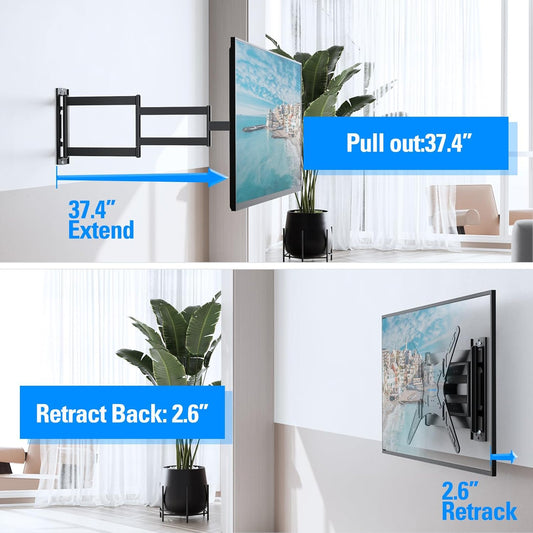 MOUNTUP Long Arm TV Wall Mount for Most 26-65 Inch TVs, Corner TV Mounts with 37.4 Inch Extension Arm, Smooth Swivel Tilt Single Stud Full Motion Bracket Max VESA 400x400mm, Holds to 77 lbs, MU0047 - PuriLite