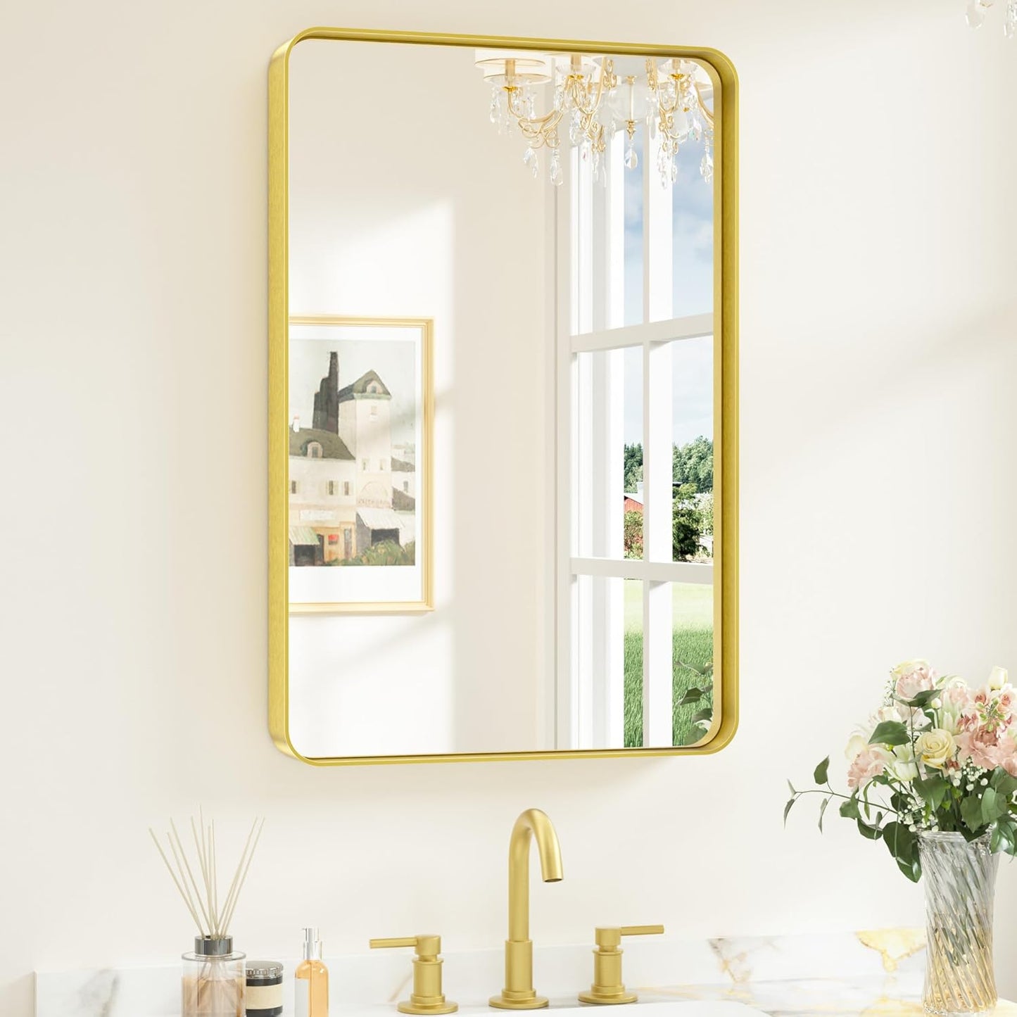 Keonjinn 42 x 36 Brushed Nickel Bathroom Vanity Mirror, Large Rounded Rectangle Bathroom Mirrors for over Sink, Metal Framed Silver Mirror for Wall, Shatterproof HD Tempered Glass(Horizontal/Vertical)