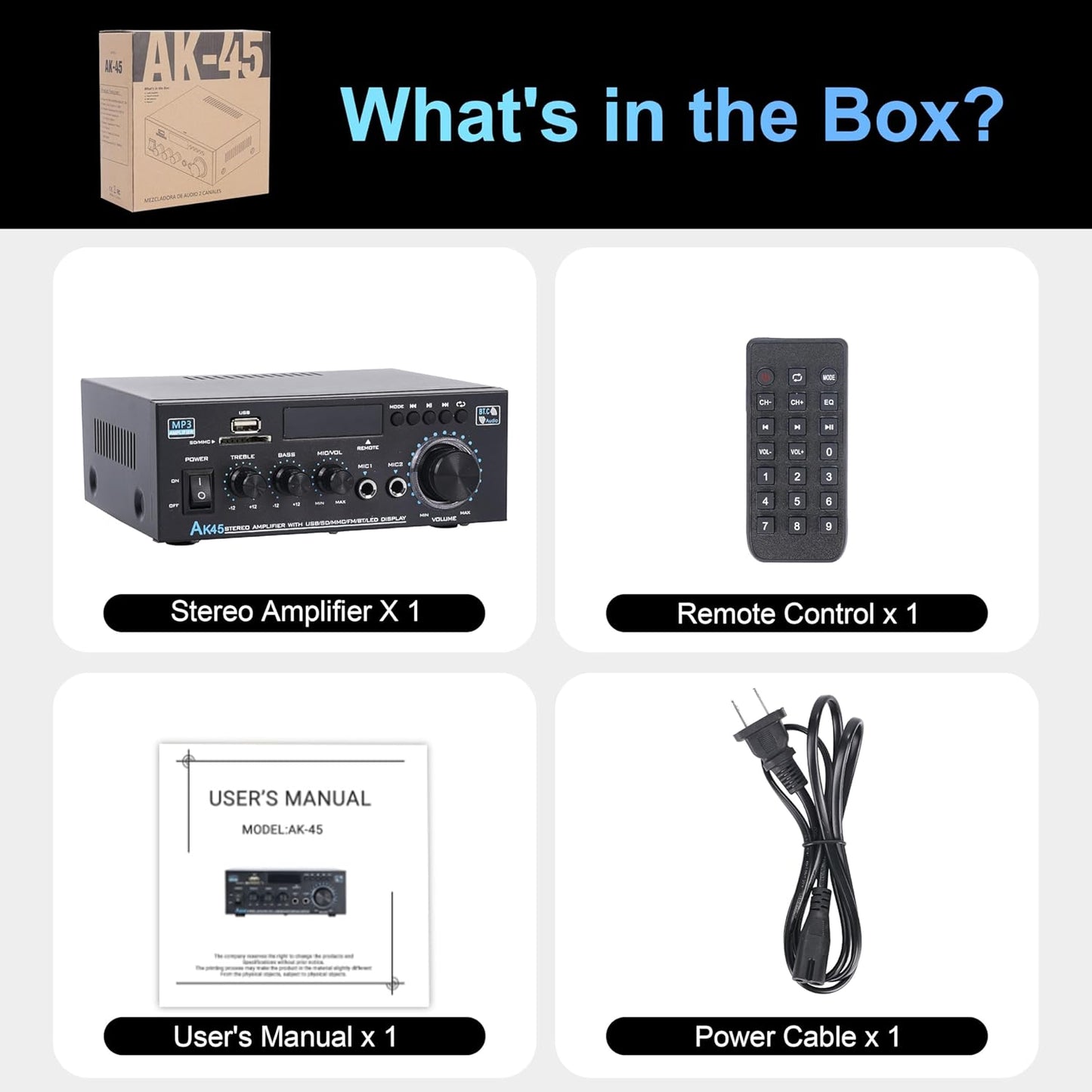 Stereo Receiver Amplifier Home Audio Amp, AK45 Bluetooth Receiver for Home Stereo, 300Wx2, Bluetooth 5.0, 2 Channel Amp with USB/SD/RCA/MIC/FM and Remote for Karaoke Party