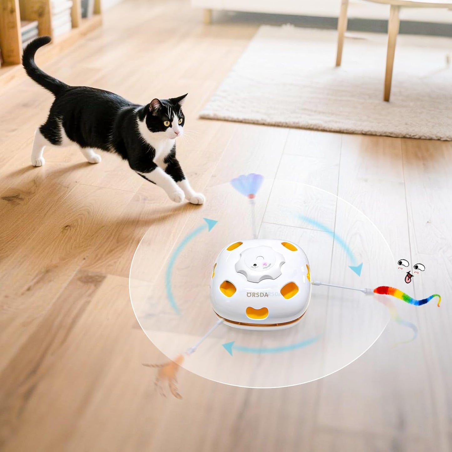 ORSDA Cat Toys Interactive, 4 in 1 Automatic Cat Toy, Hide and Seek, Whack a Mole, Magic Wand, Chasing Feather, with 4 Replacements, USB Rechargeable, for All Breed Sizes
