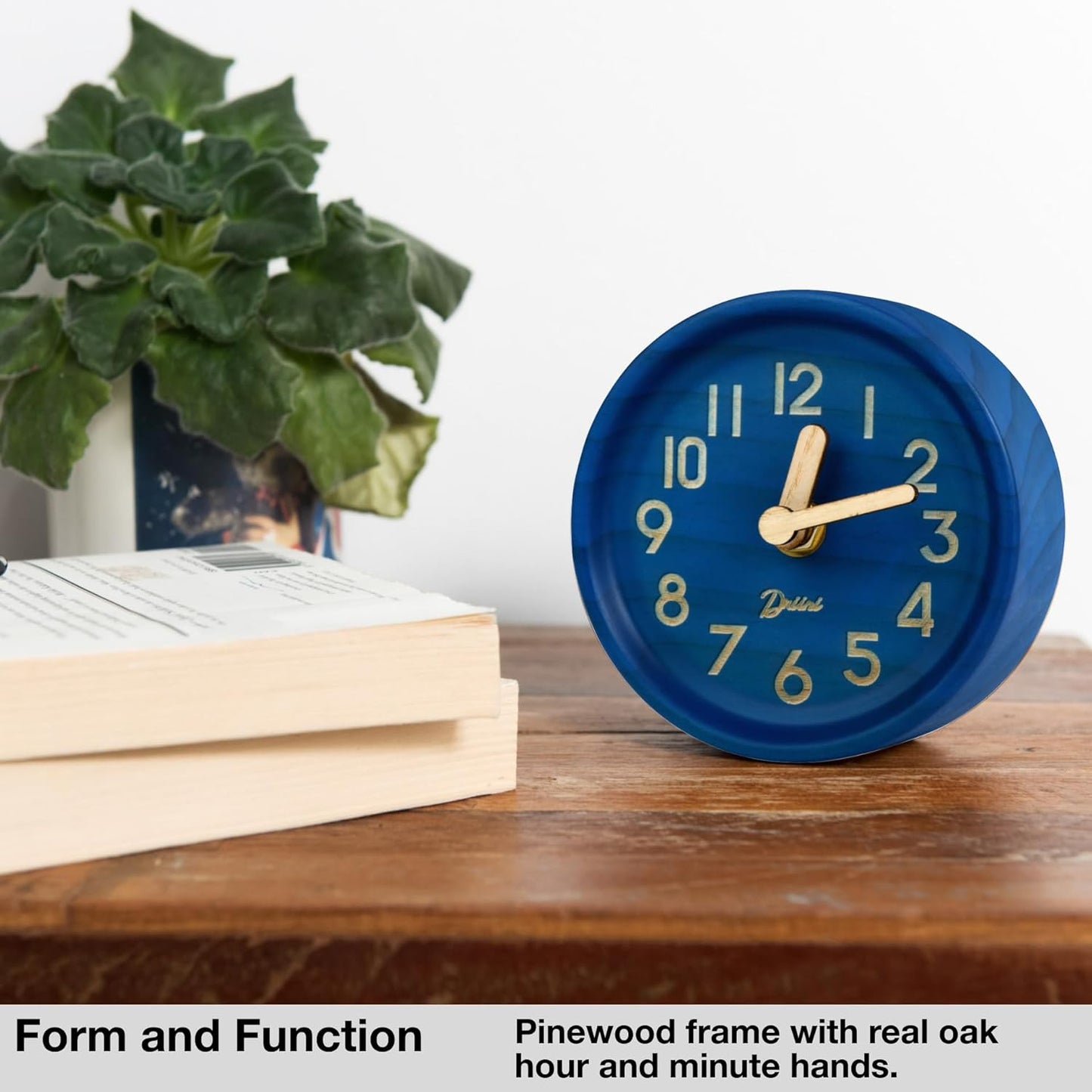 Driini Wooden Analog Desktop Clock – 4.3 in. Decorative Pinewood Clock, No-Tick Design – Easy to Read Silent Sweep Mantle Clock – Quiet Tabletop Clocks with Wood Body, Hands, & Battery Cover; White