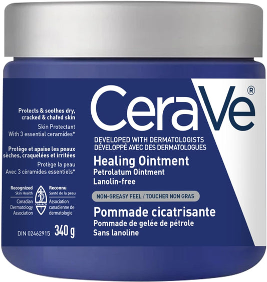 CeraVe Healing Ointment, Moisturizing Petrolatum Skin Protectant for Dry Skin with Hyaluronic Acid and Ceramides, Multi-Purpose Face, Body & Lip Balm, Lanolin-Free & Fragrance-Free, 340g