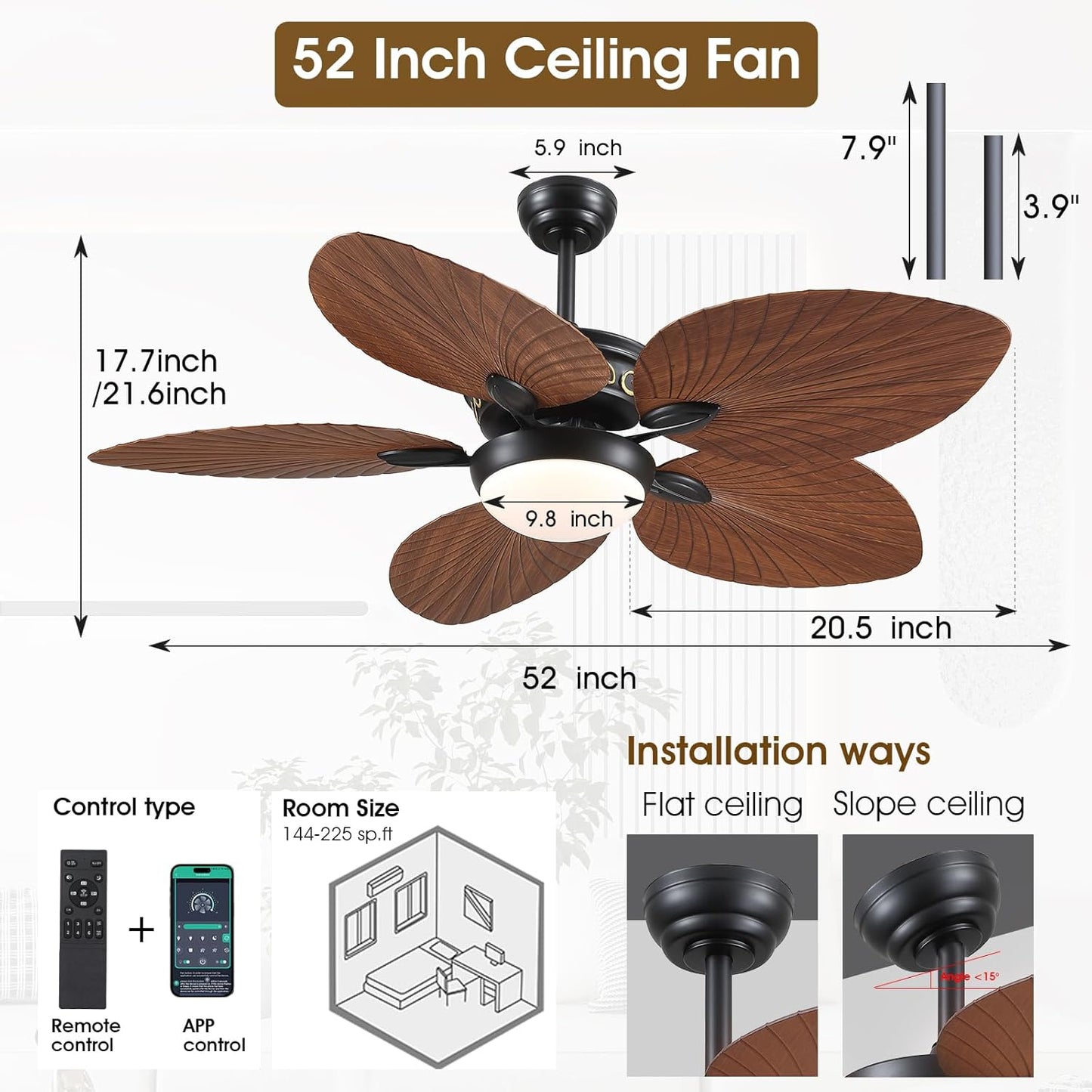 Wiviniya Ceiling Fans with Lights and Remote/APP Control, 44 Inch Tropical Palm Leaf Ceiling Fan with LED Lights, Outdoor Ceiling Fans for Patios Porch, Reversible Quiet Motor, Dimmable, Light Brown