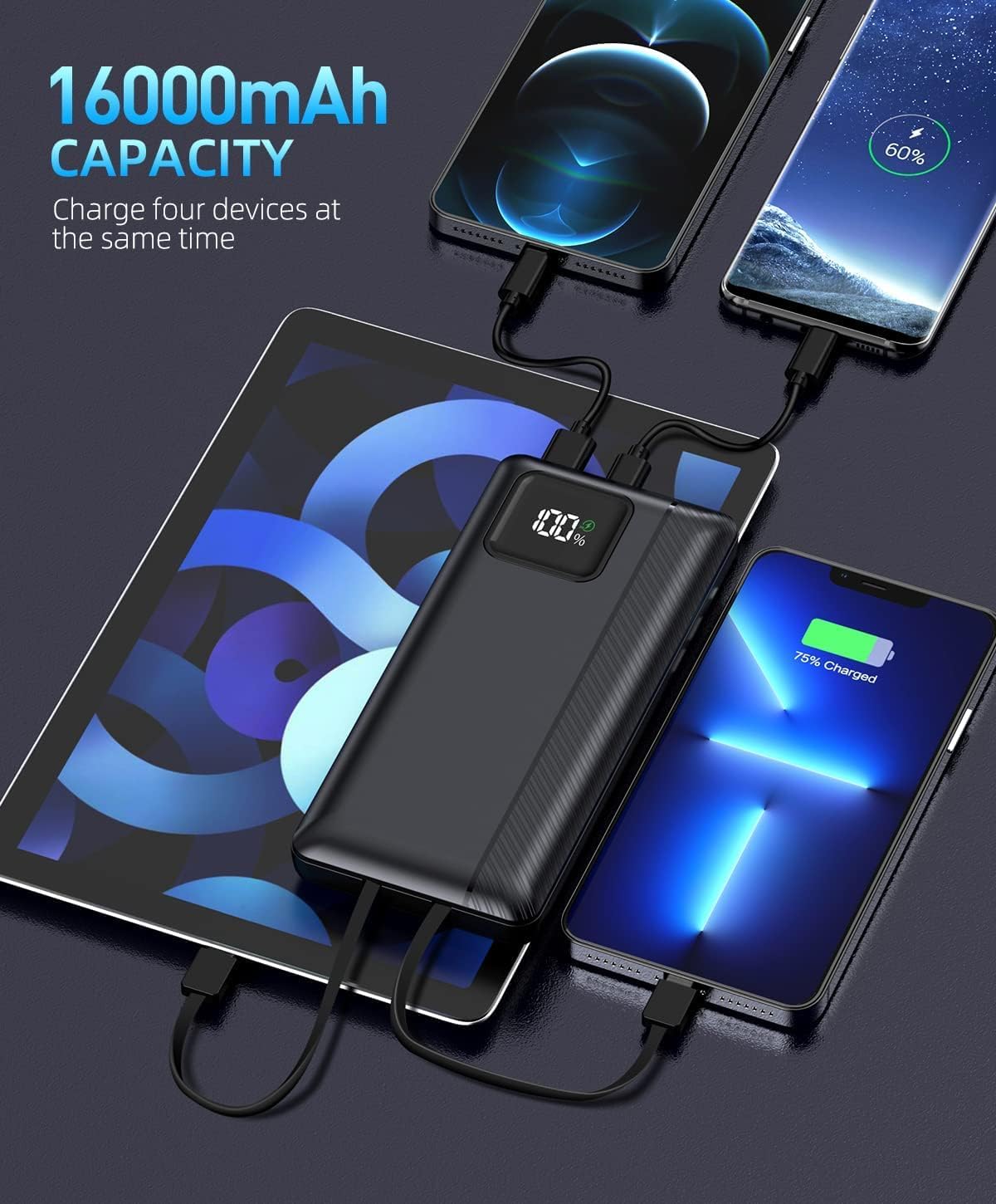 Power-Bank-Portable-Charger - 16000mAh Power Bank Support PD 30W and QC4.0 Fast Charging wiht Built-in 2 Output Cable and LED Display for iPhone and Android Phones and Most Electronic Devices