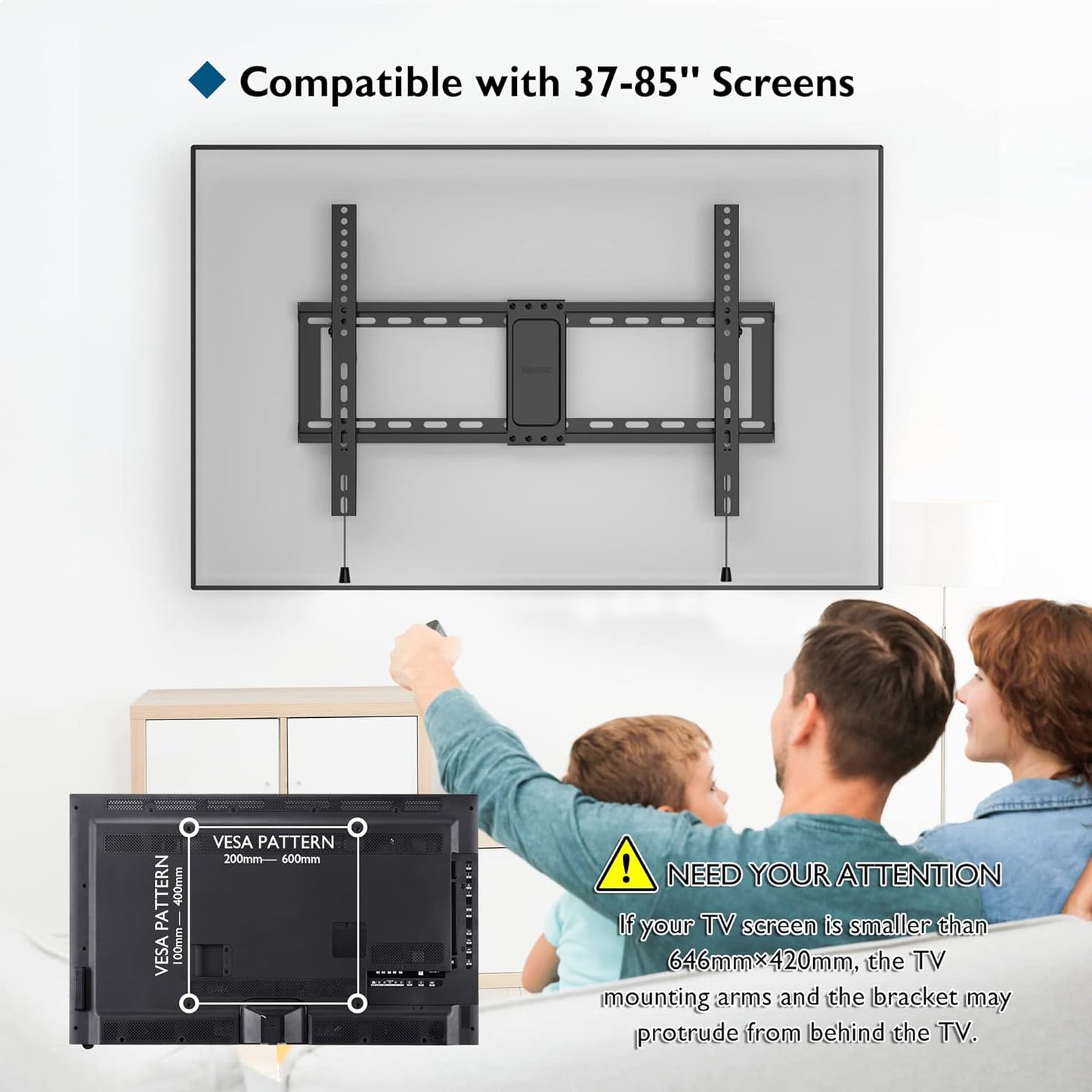 BONTEC TV Wall Mount for 37–85 Inch TVs, Tilting TV Mount Bracket for LED LCD OLED Flat Curved Screens, Low Profile 1.5in Design, Max VESA 600x400mm, Supports up to 132lbs, Fits 55 65 75 85 Inch