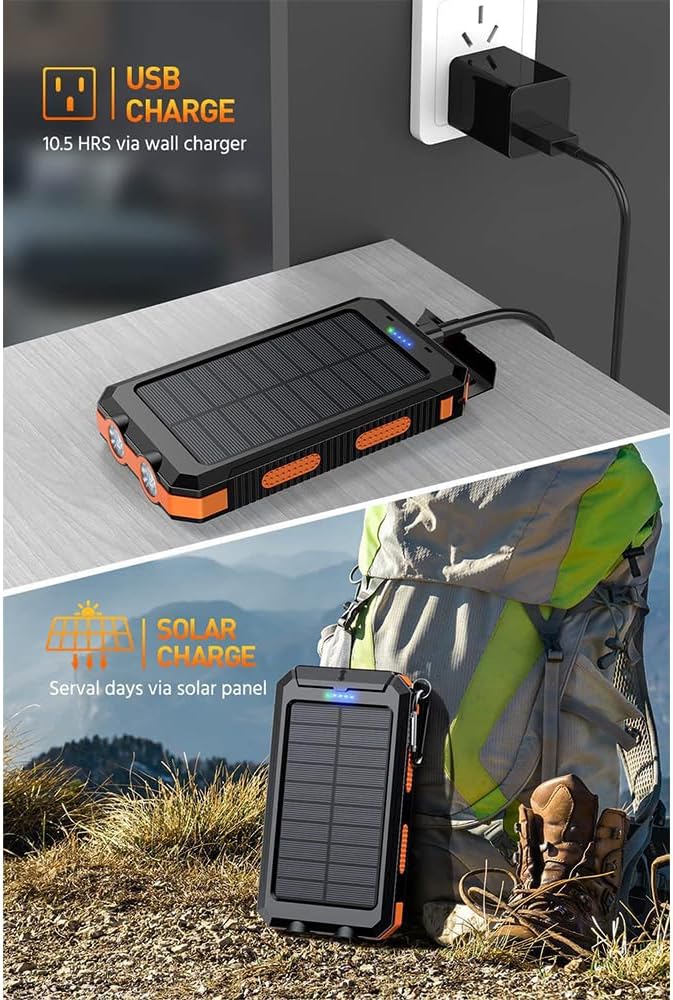 Solar Power Bank 20000mAh Portable Charger for Camping Essentials, USB C in&Out 5V3A Powerbank Fast Charging External Battery Pack for iPhone 17 Pro Max Air 16 15 14 13 12 and Android Cell Phone
