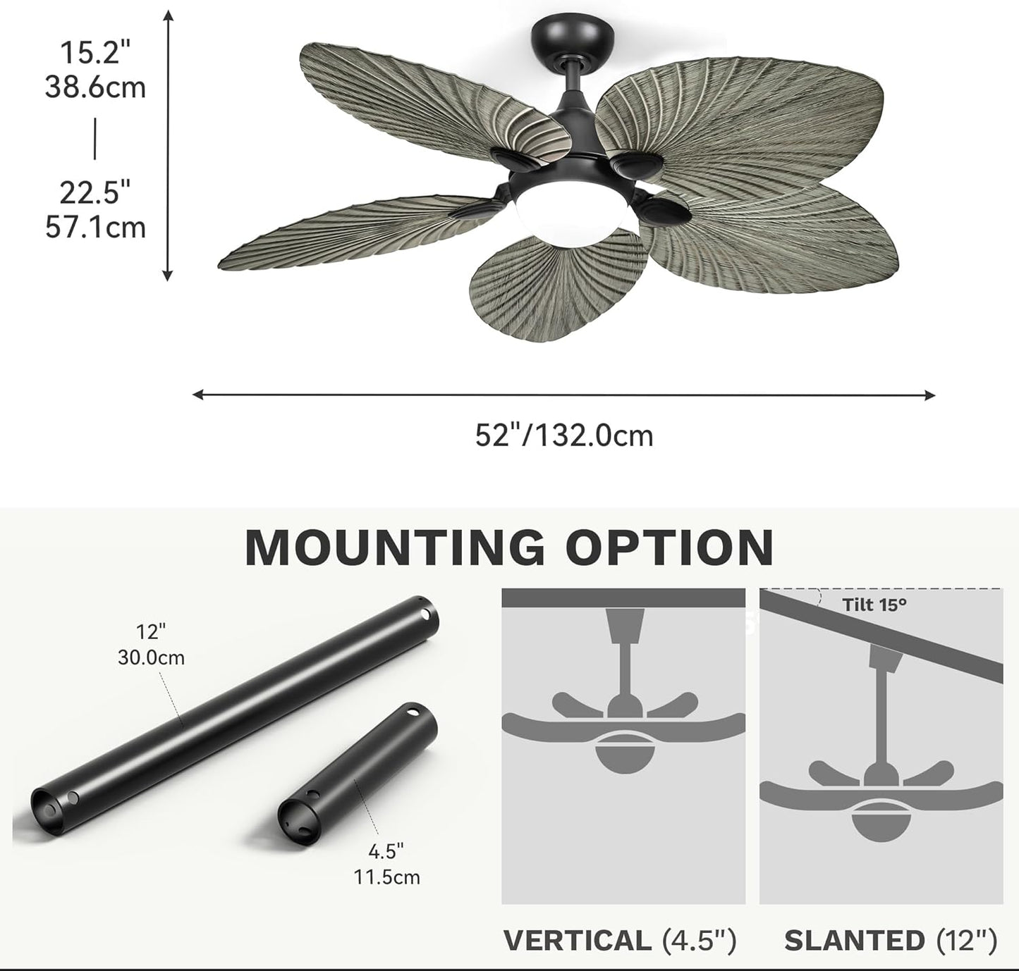 DWVO 52" Ceiling Fans with Lights, Tropical Ceiling Fan with Lights and remote, LED Tri-Color Temperature, Reversible 6 Speeds w/Quiet DC Motor for Living Room, Dining Room, Bedroom