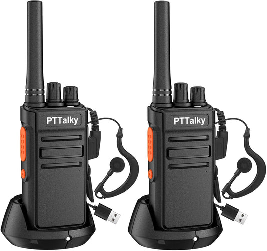 PTTalky FR1 Walkie Talkies for Adults Long Range, Rechargeable 2-Way Radio Walkie Talkie with Charge Cable Charger Dock for Hunting Commercial Cruises (2 Pack)
