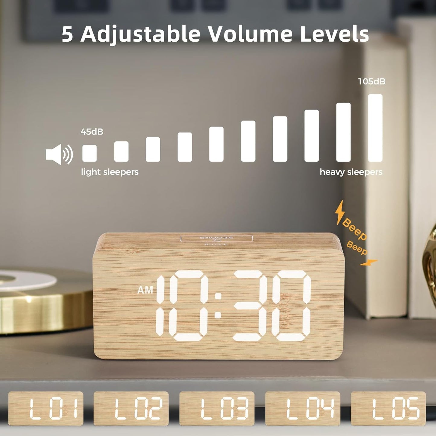 Purilite Select Wooden Digital Alarm Clock with Large LED Display