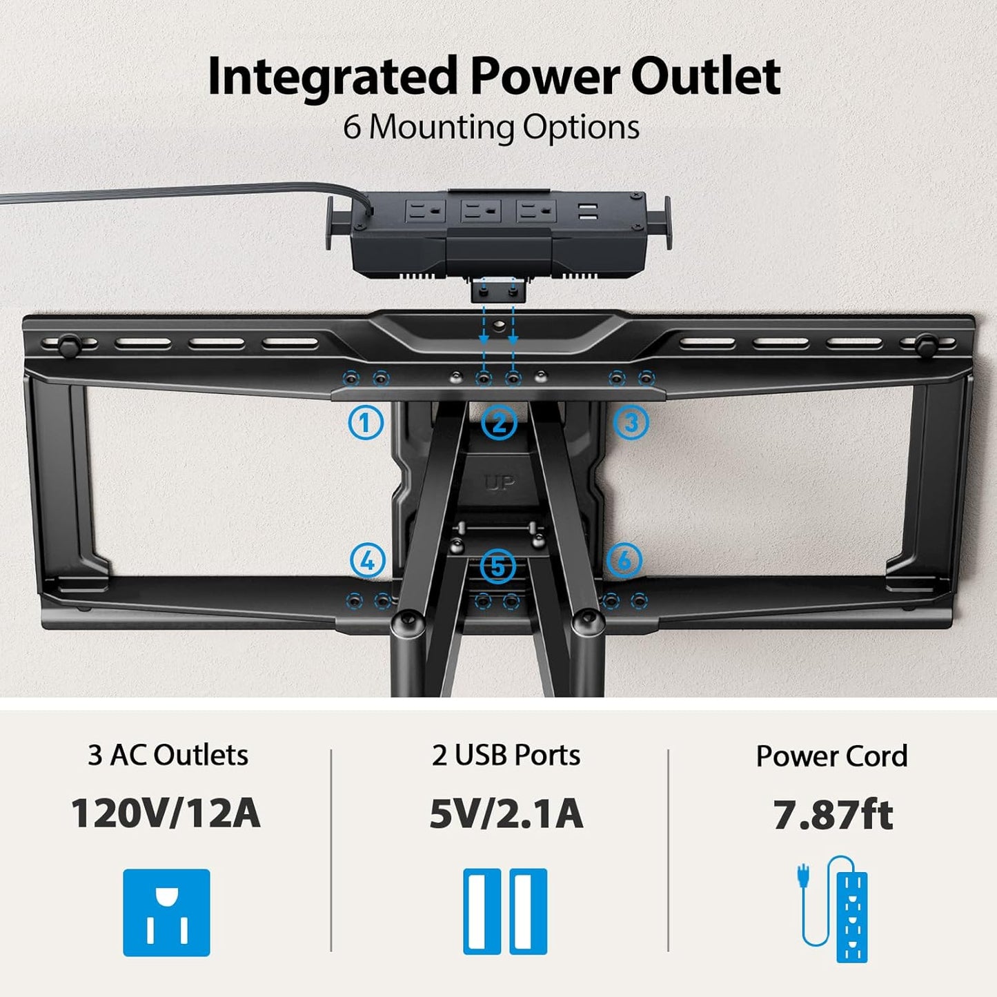 Pipishell Full Motion TV Wall Mount with Power Strip for 42–90 Inch TVs up to 150 lbs, Pre-Assembled TV Mount Has Smooth Swivel, Tilt, Extension, Max VESA 600x400mm, 12“/16”/24” Wood Studs, PILF19