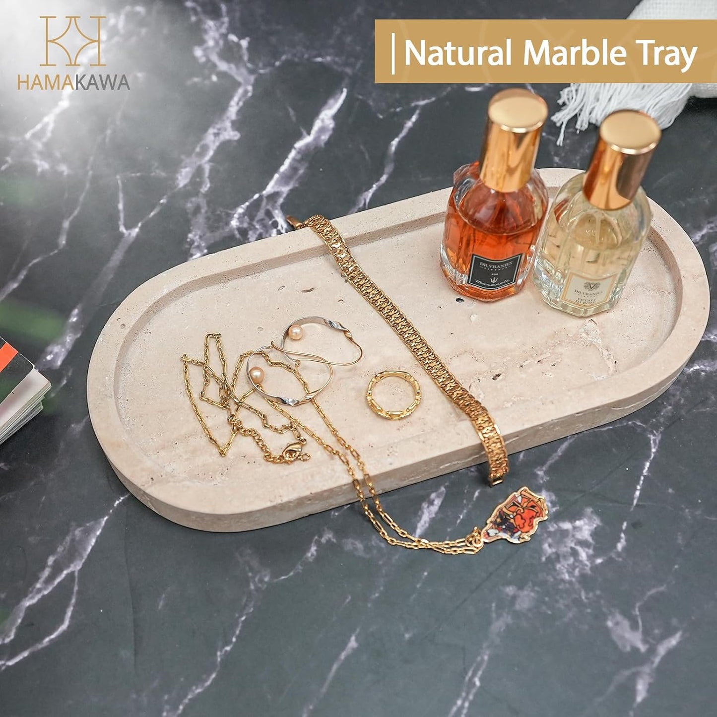 HAMAKAWA Bathroom Vanity Tray, Natural Marble Oval Sink Tray 10 Inch, Beige Travertine Vanity Tray for Soap Dispenser Modern Countertop Organizer for Kitchen Countertops, Home Decor